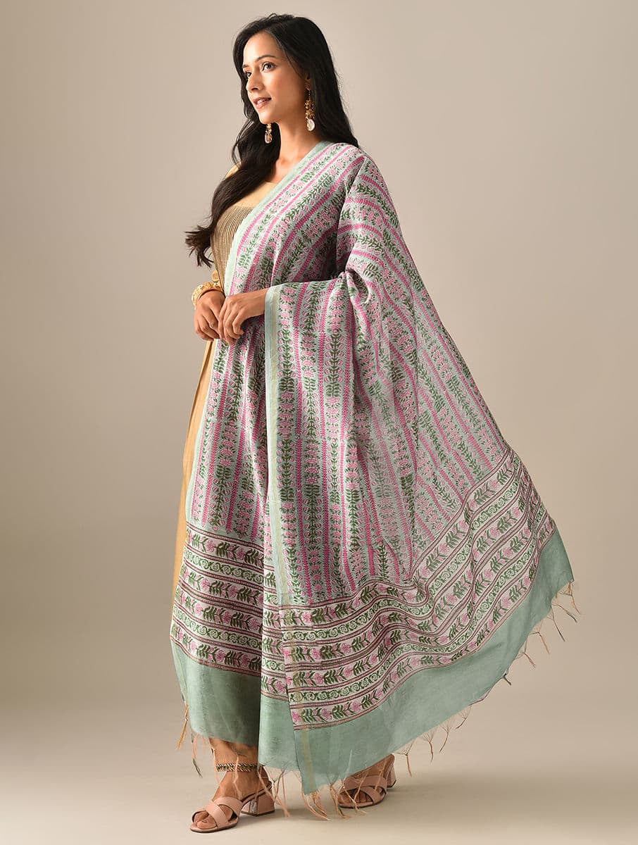 Women's Green Cotton Silk Printed Block Print Dupatta