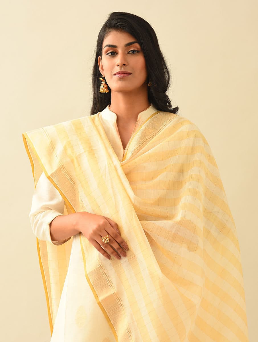 Women's Yellow Cotton Silk Checks Hand Woven Dupatta