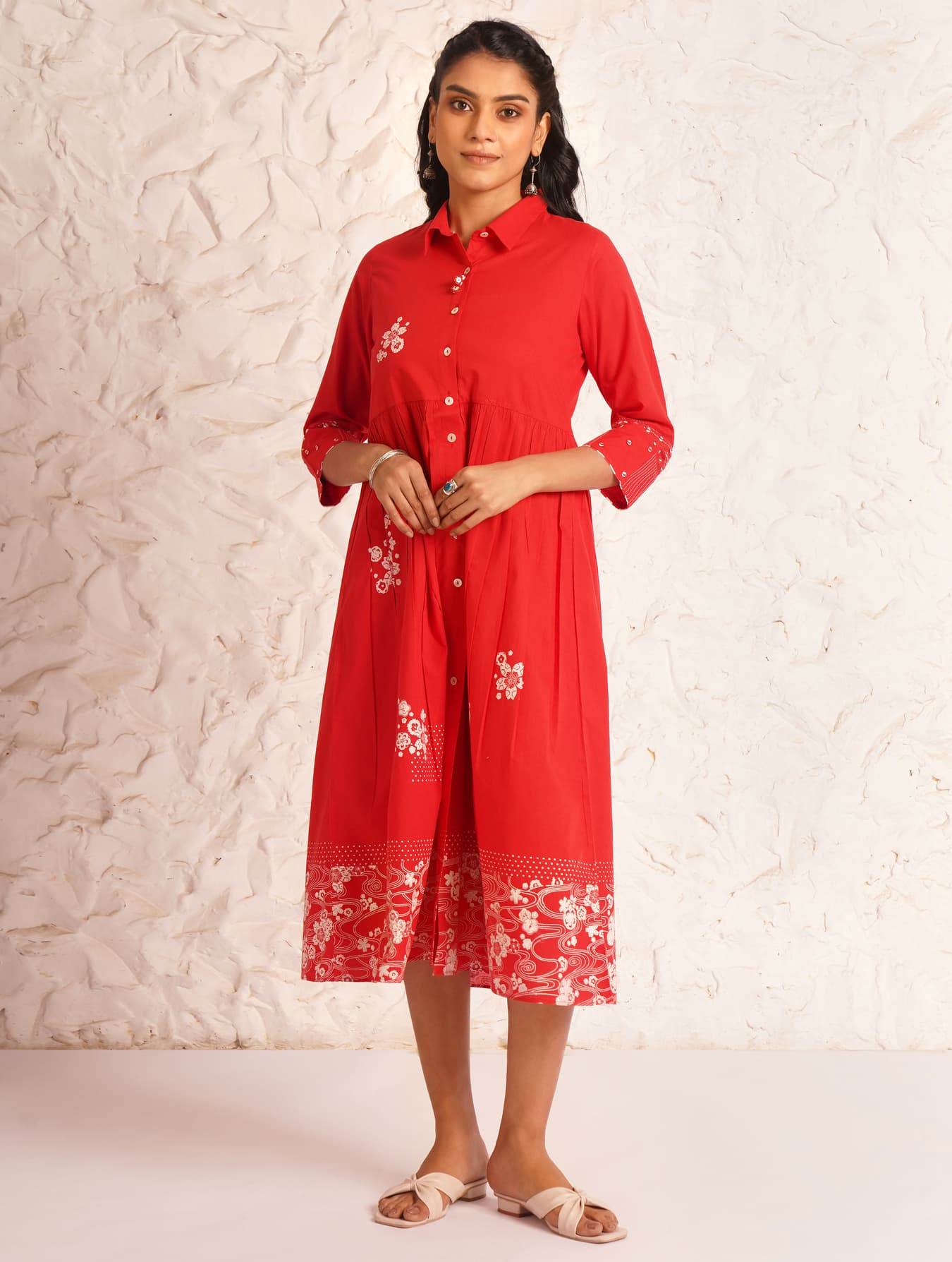 Women's Red Casual Printed Three Quarter Sleeves A-Line Dress