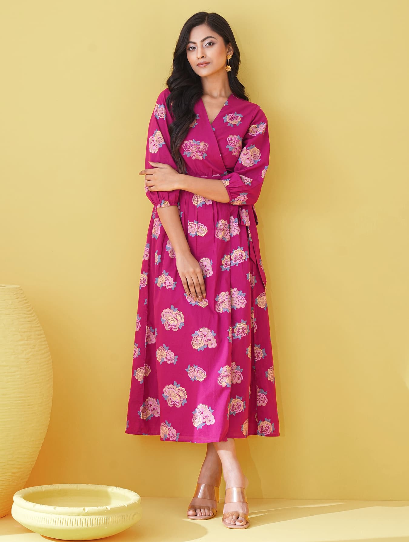 Women's Pink Casual Printed Three Quarter Sleeves A-Line Dress
