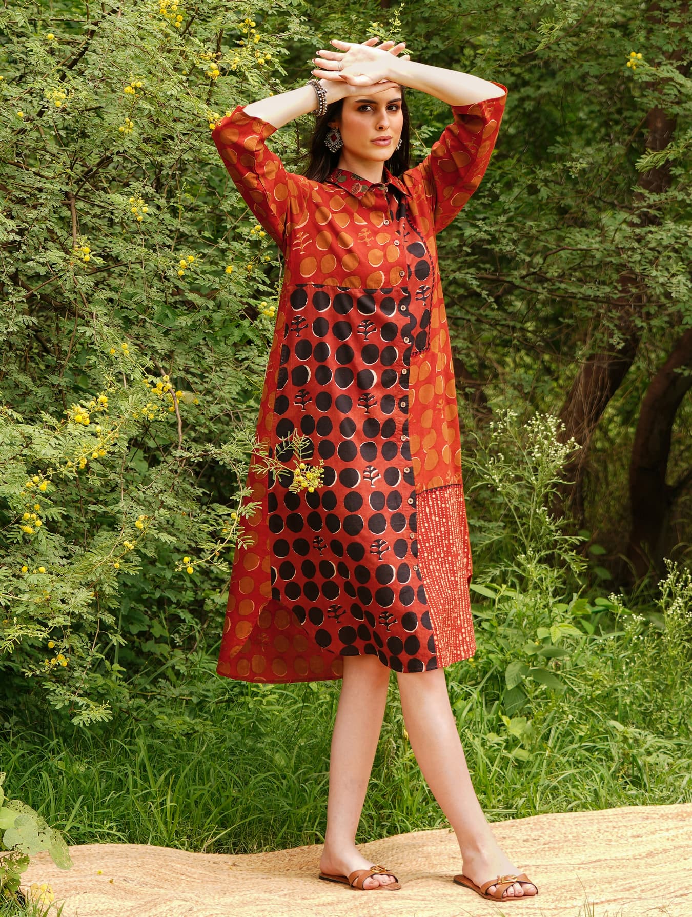 Women's Red Casual Printed Three Quarter Sleeves A-Line Dress