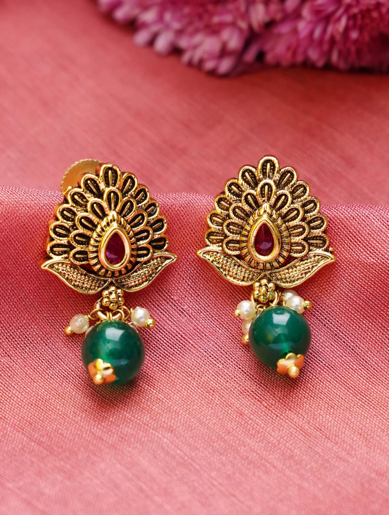 Women's Festive Wear Gold Plated Temple Brass Drop Earring