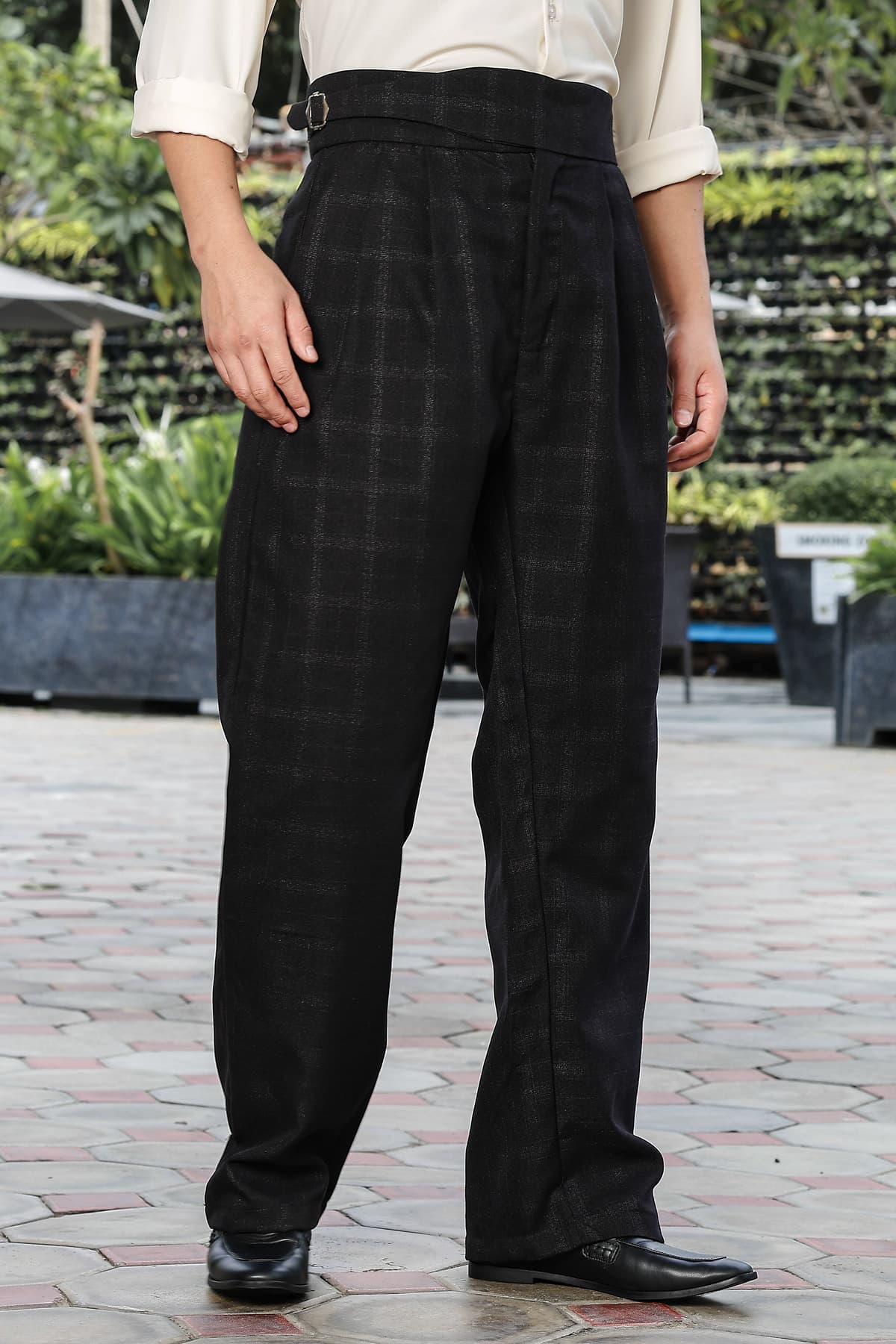 Men's Black Premium Chequered Gurkha Trouser with Double Pleated Front