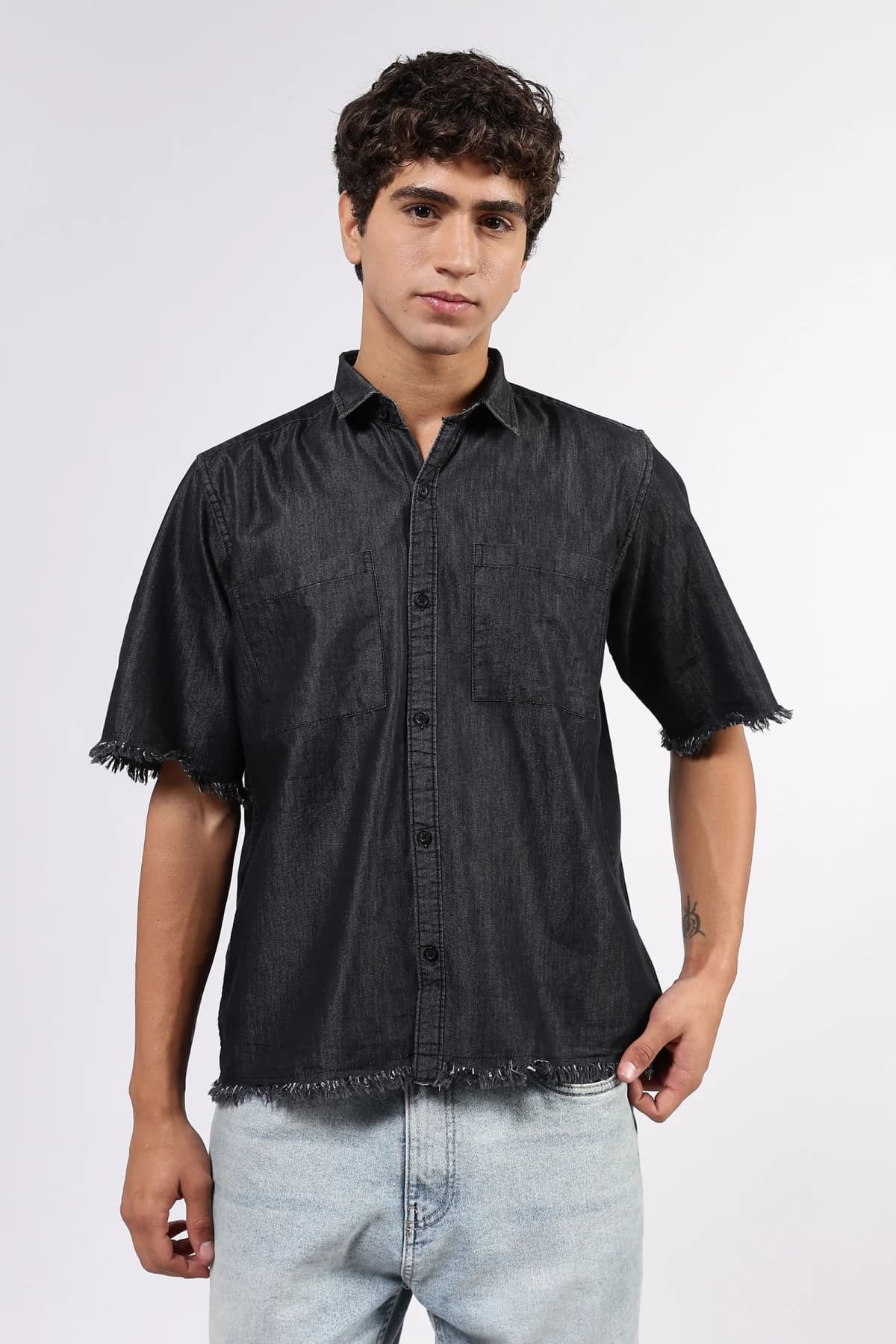 Men's Black Raw Edge Oversized Box-Fit Spread Collar Premium Denim Shirt