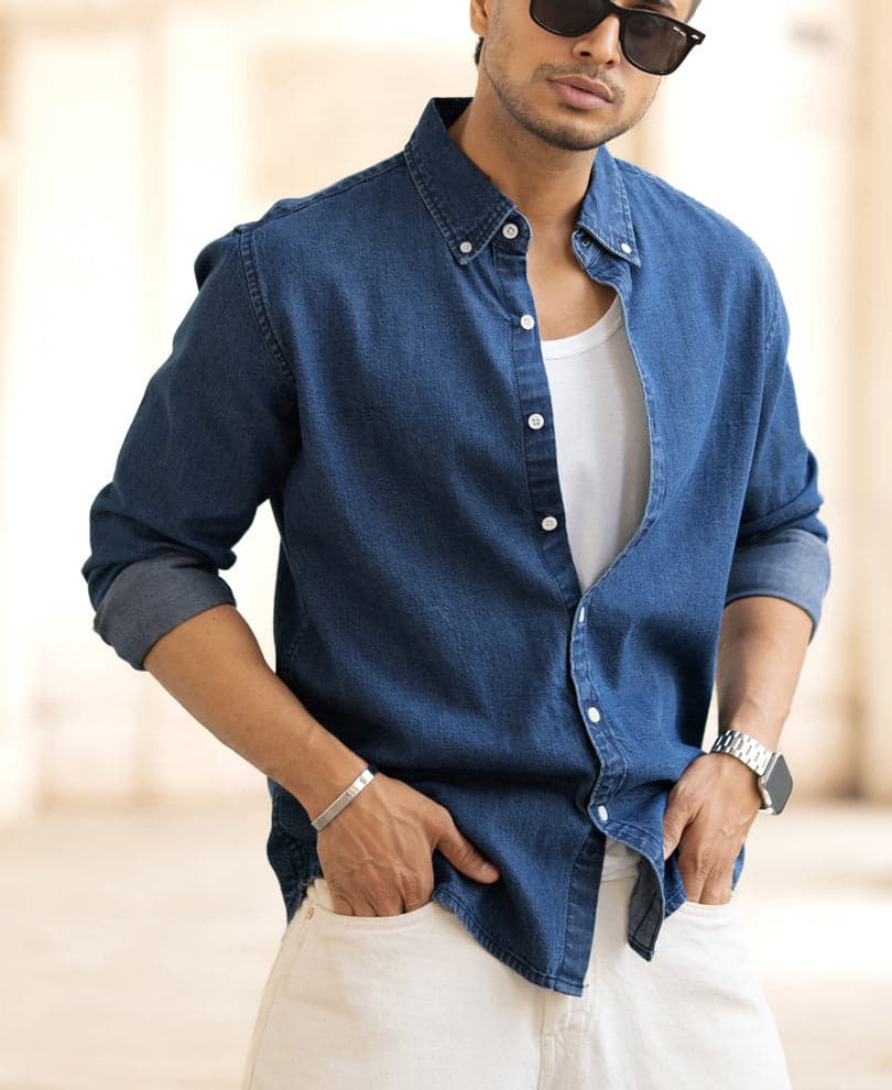 Men's Blue Casual Full Sleeves Solid Cotton Shirt