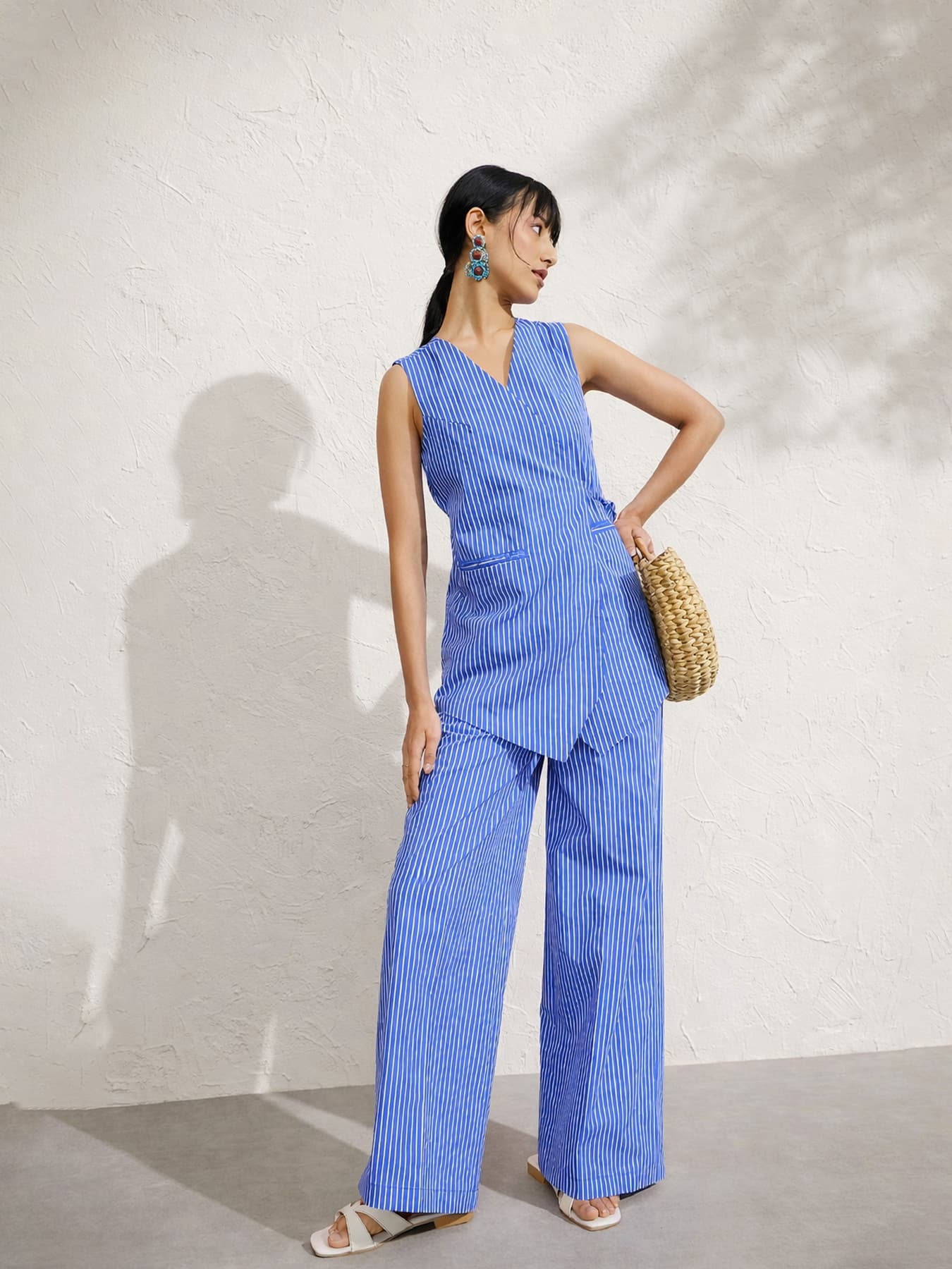 Women's Blue Casual Striped Regular Fit Co-ords Set