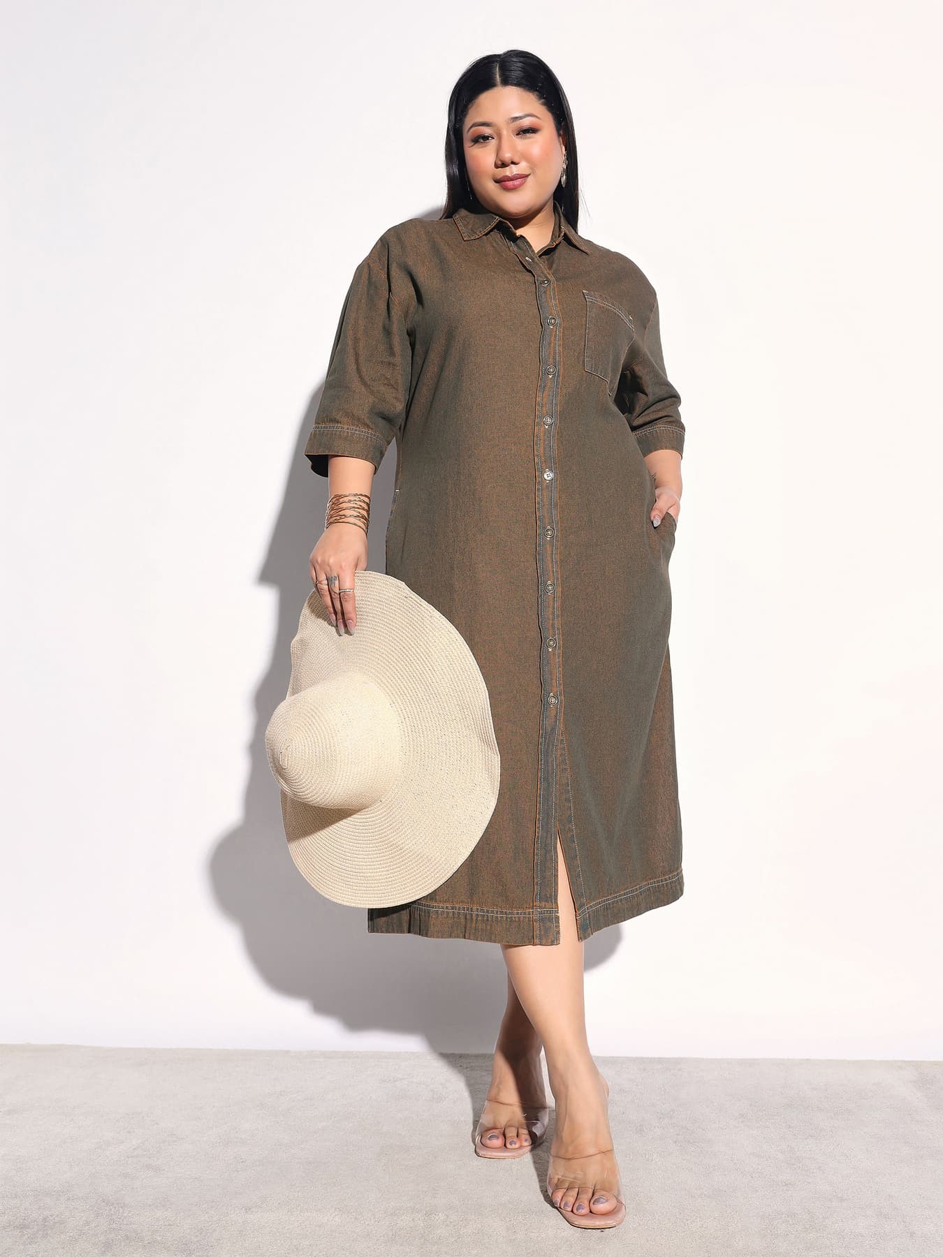 Women's Green Wash Tencel Button Down Shirt Midi Dress