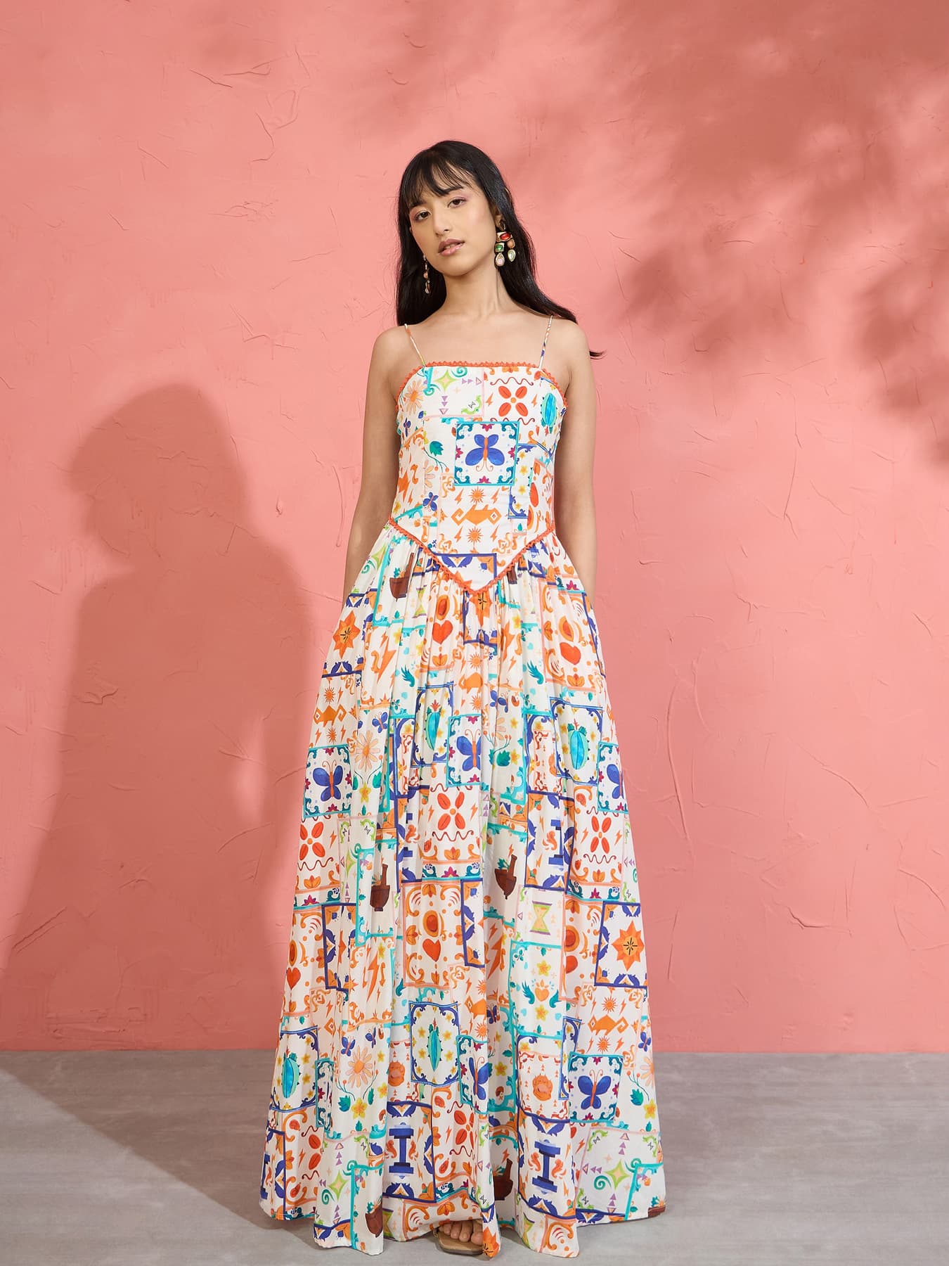 Women's Off White Motif Print Strappy Drop-Waist Maxi Dress
