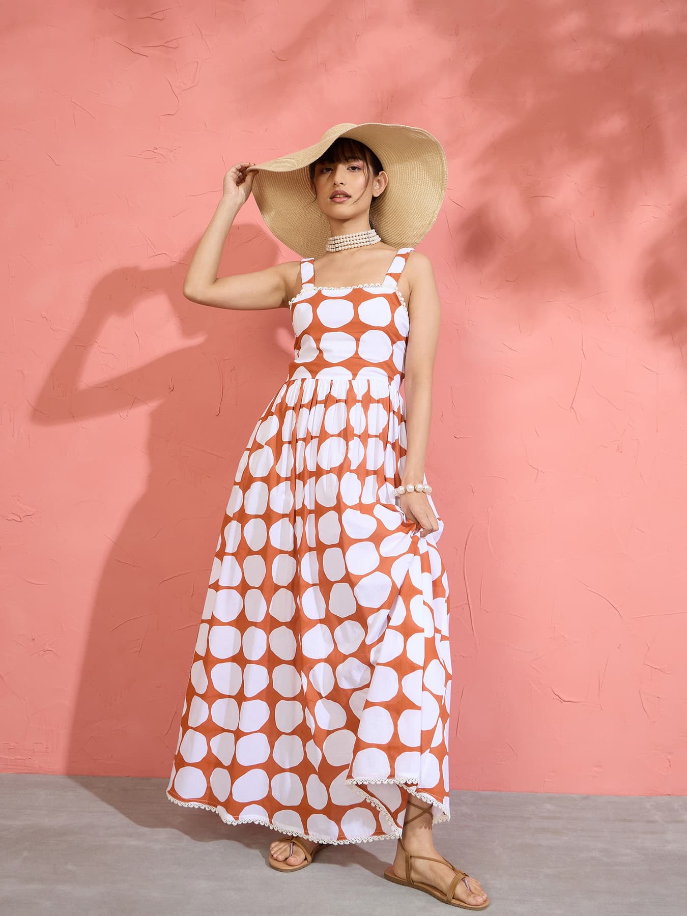 Women's Brown & White Big Polka Dot Strappy Maxi Dress