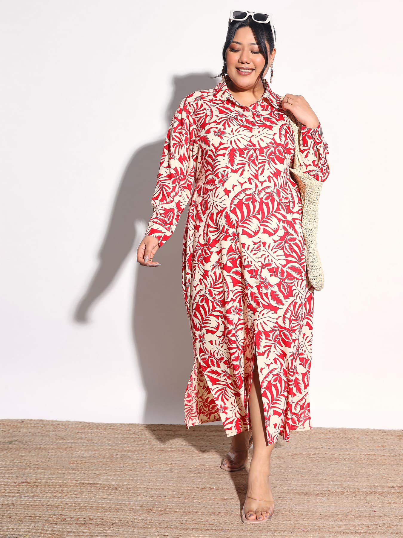 Women's Red Floral Longline Shirt Dress