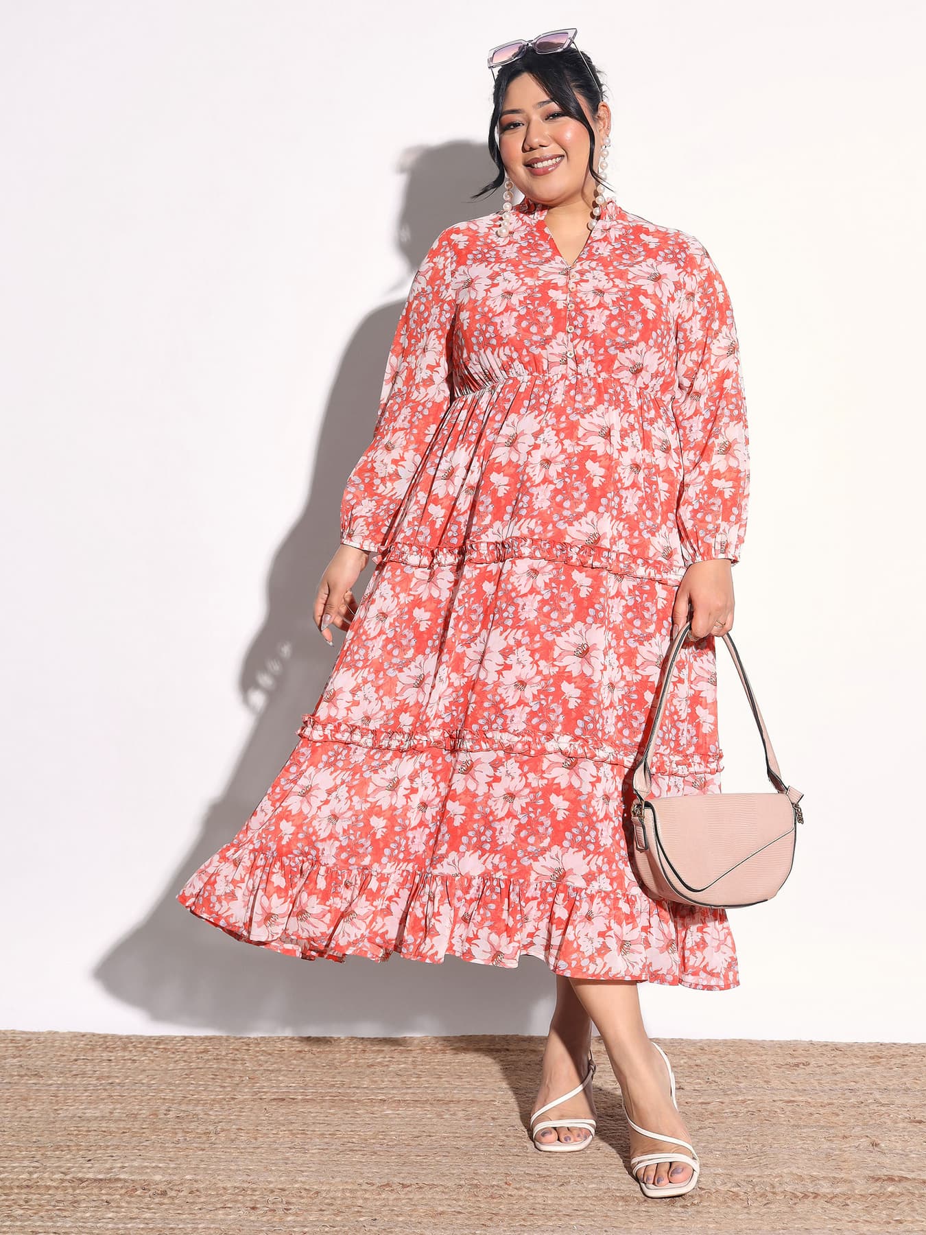 Women's Orange Floral V-Neck Tiered Maxi Dress