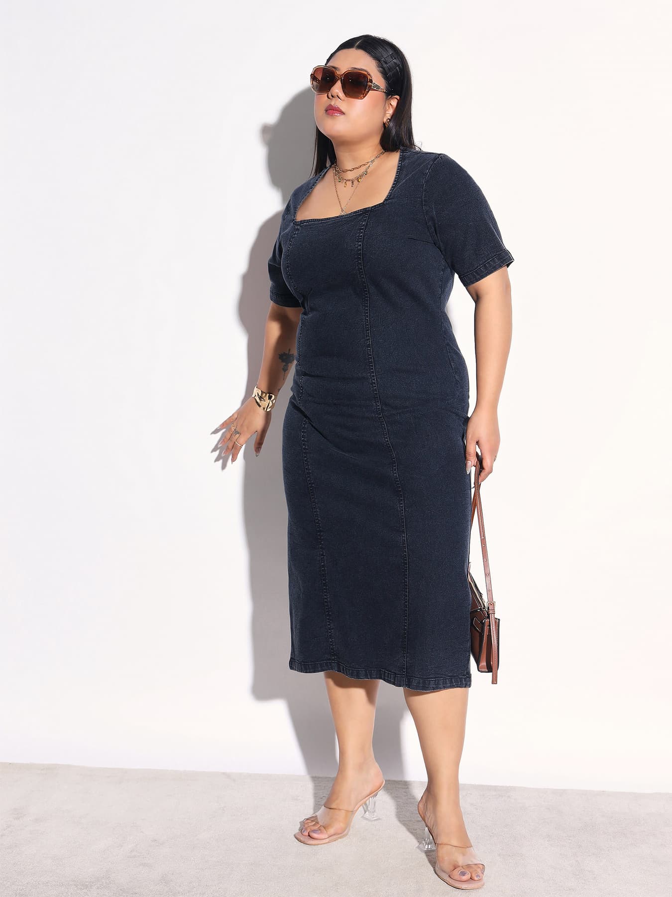 Women's Black Denim Wash Short Sleeves Bodycon Dress