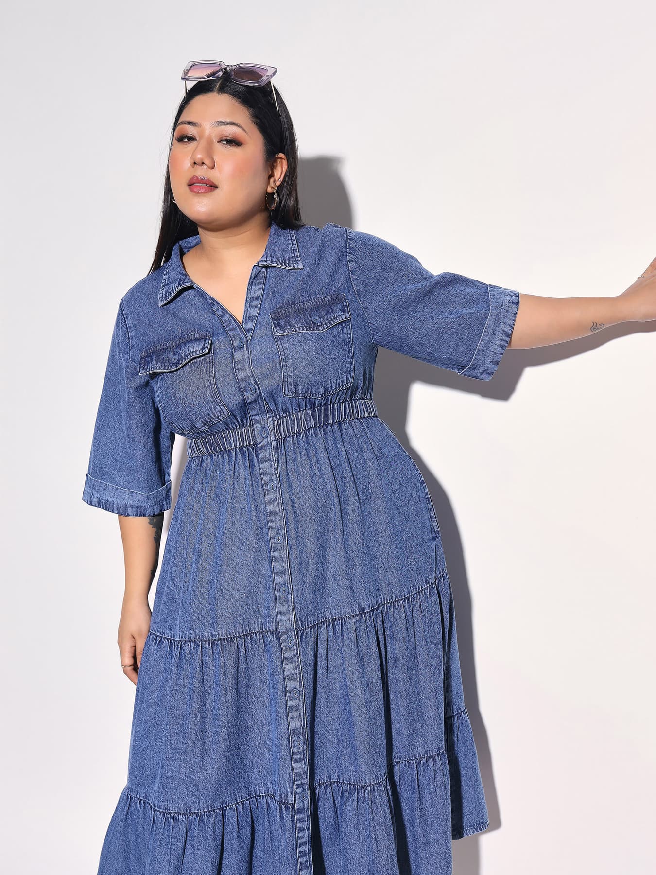 Women's Navy Wash Tencel Collar Neck Tiered Midi Dress