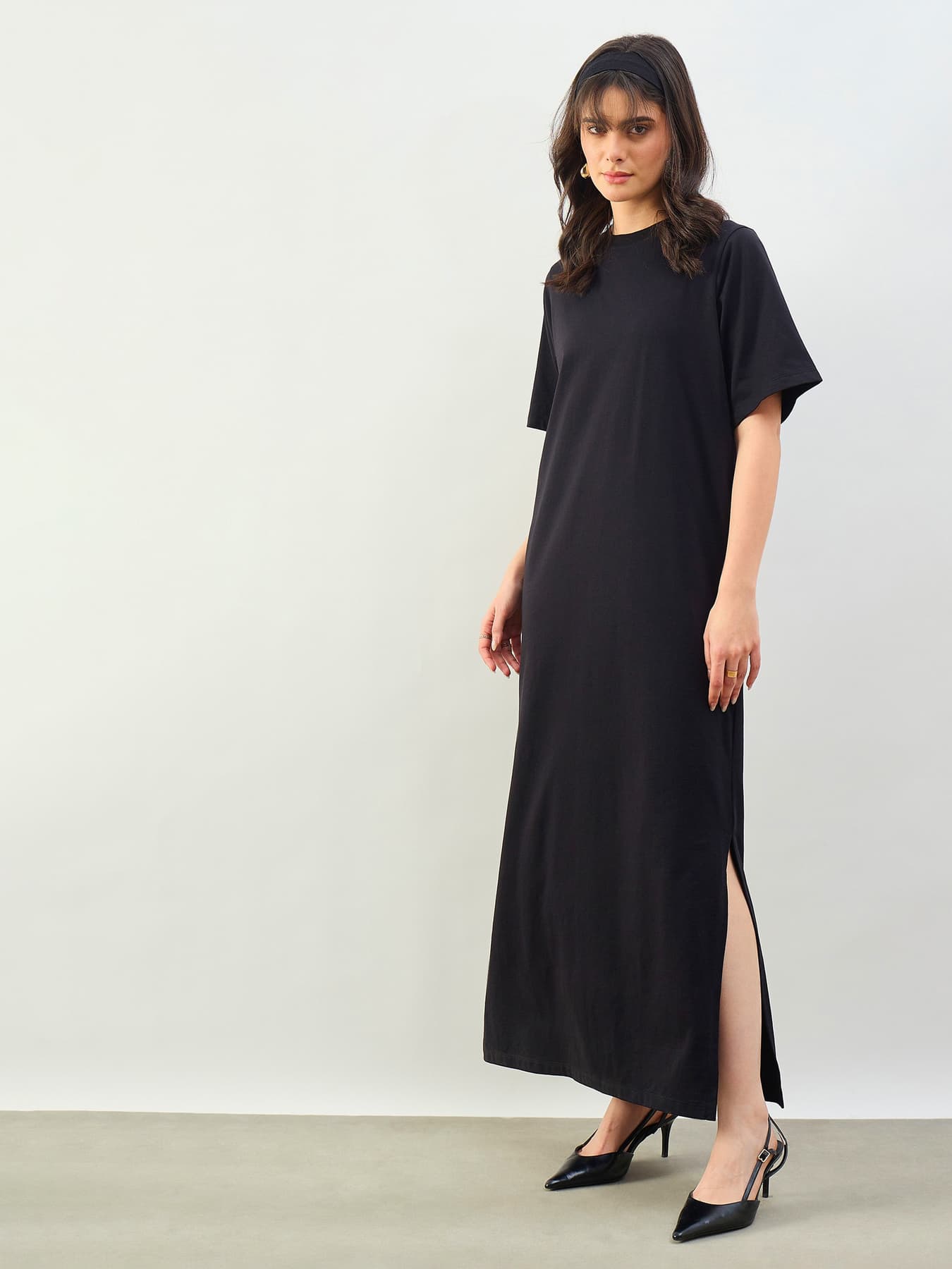 Women's Black Oversized Round Neck T-Shirt Maxi Dress