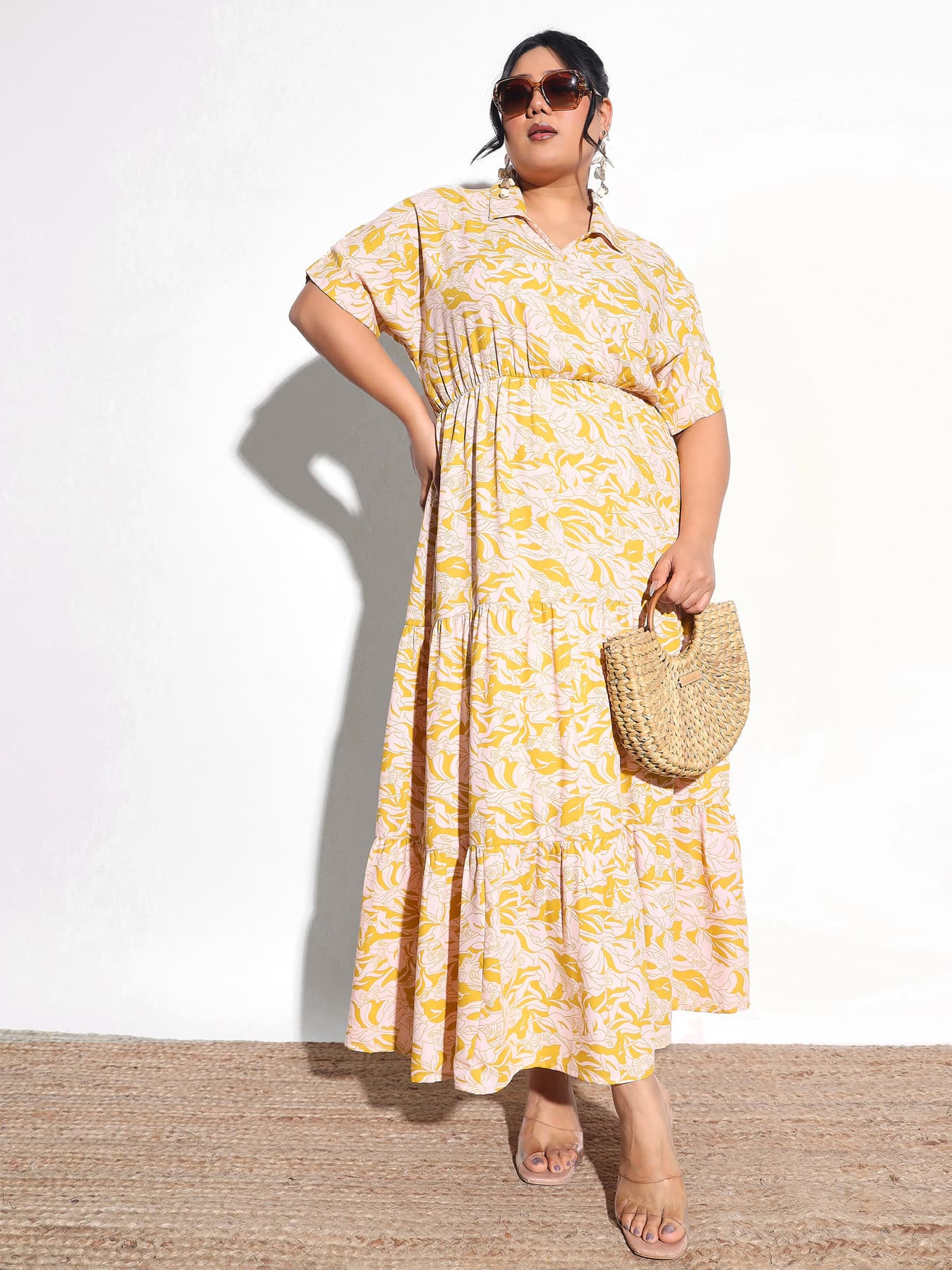 Women's Yellow Floral Wrap Tiered Midi Dress