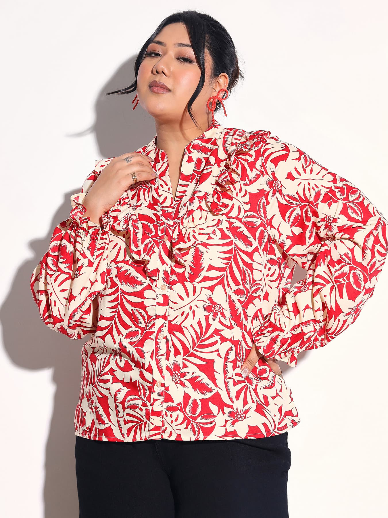 Women's Red Floral Front Frill Regular Shirt
