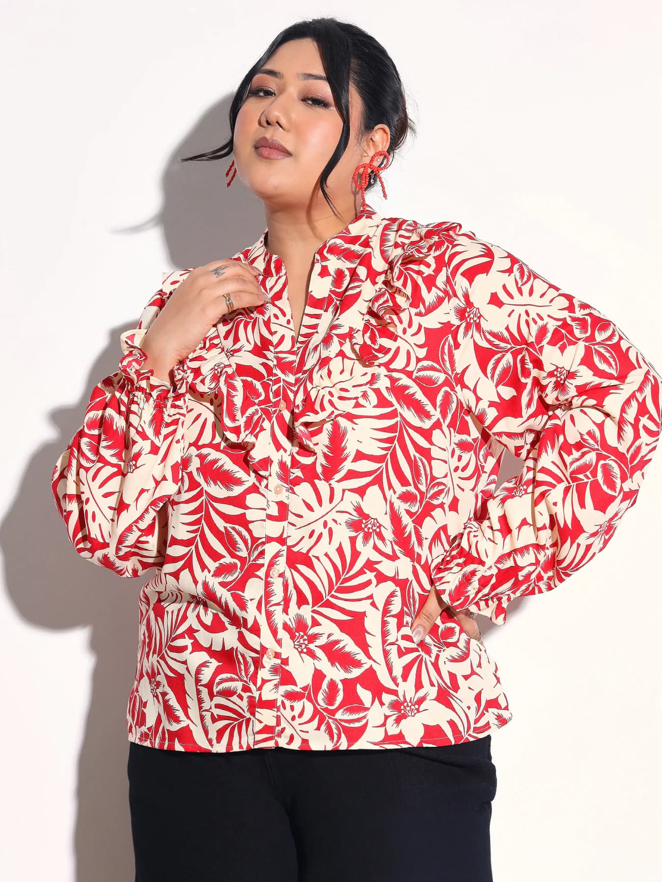 Women's Red Floral Front Frill Regular Shirt