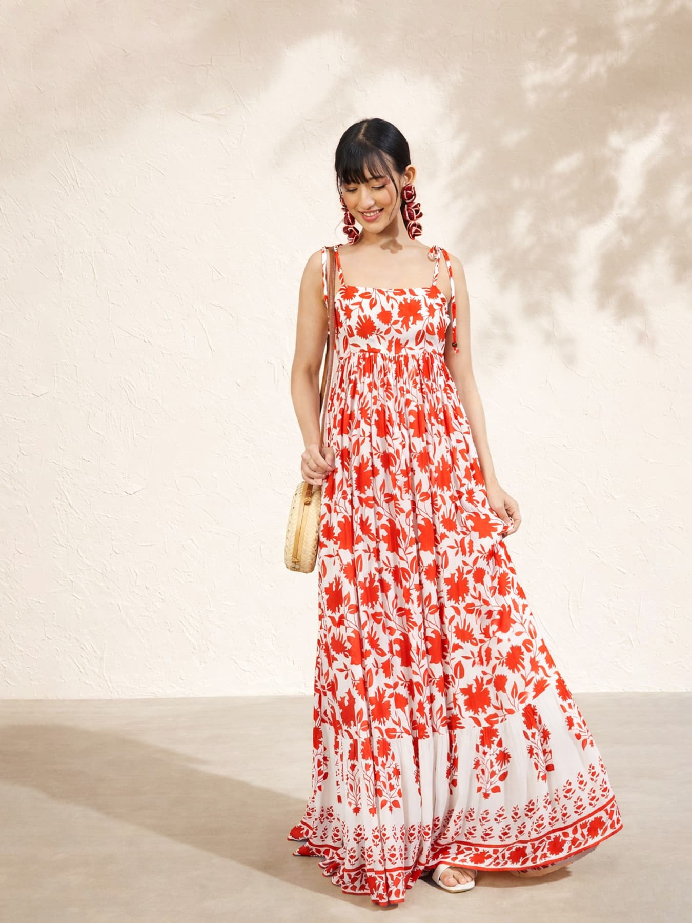 Women's Red Floral Strappy Tie-up Maxi Dress
