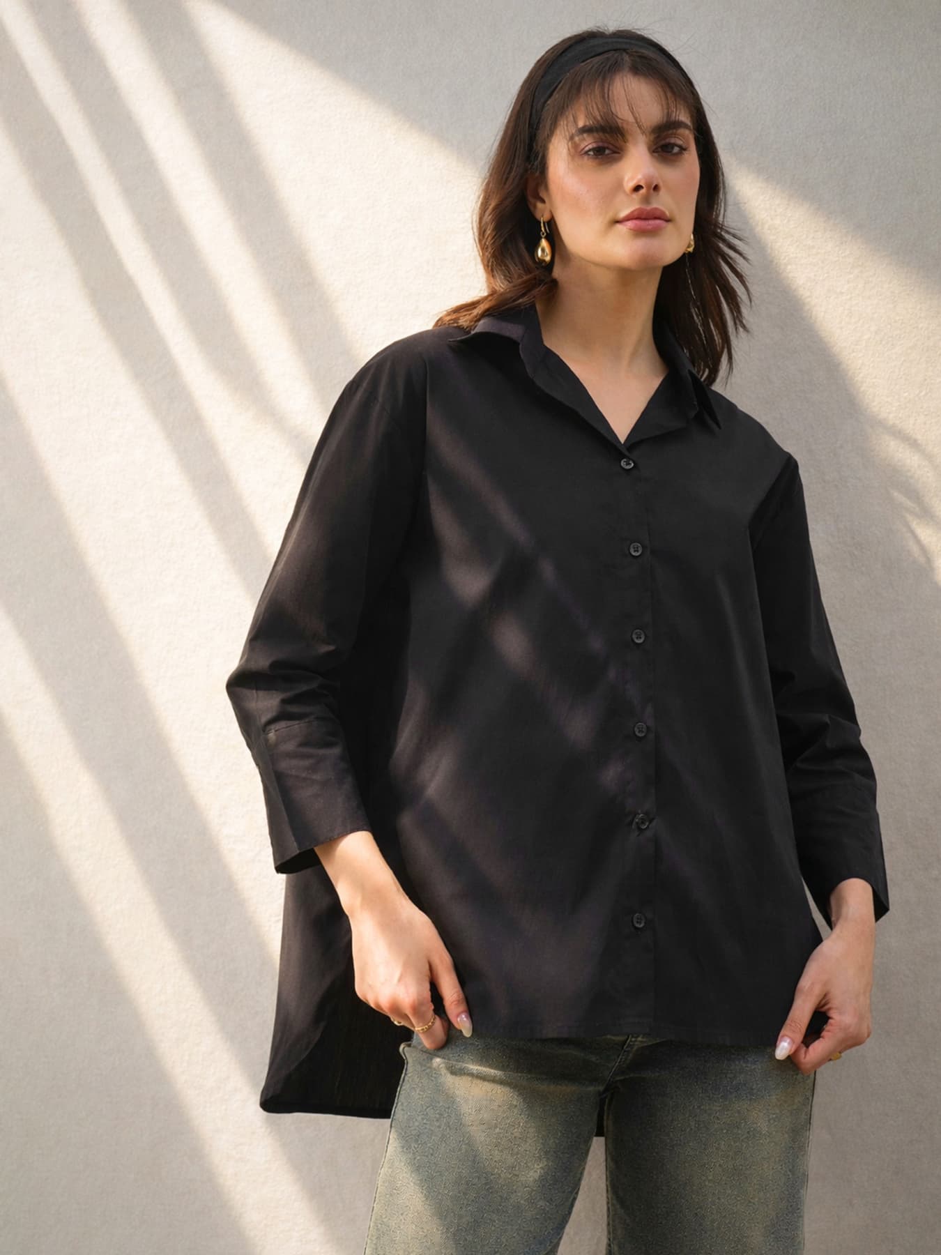 Women's Black High-Low Oversized Boxy Poplin Shirt