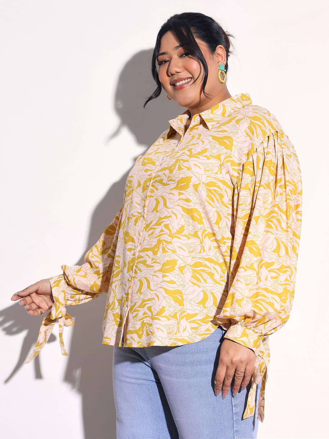 Women's Yellow Floral Sleeve Knot Collar Shirt