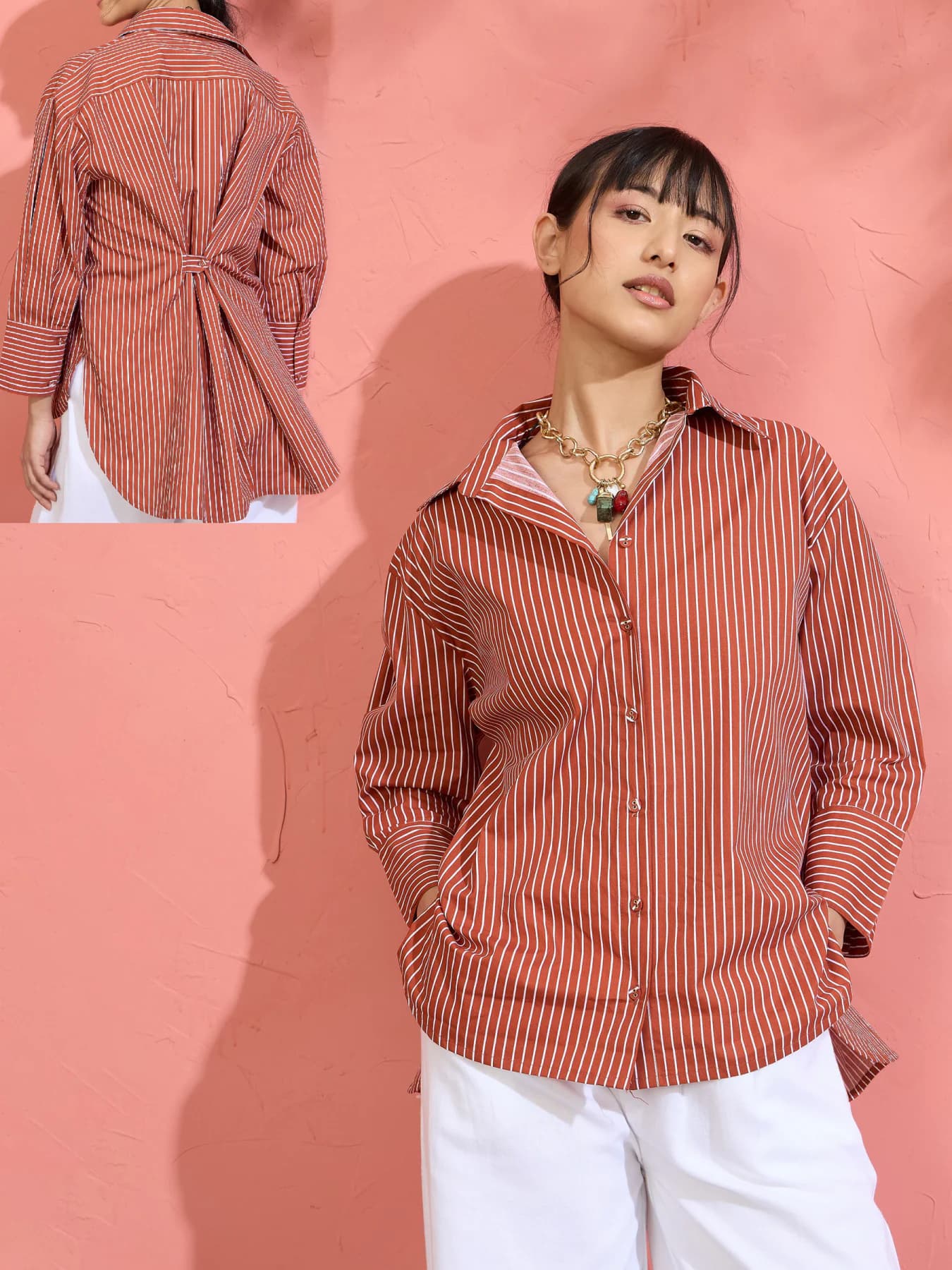 Women's Brown Pin Stripe High-Low Oversized Shirt