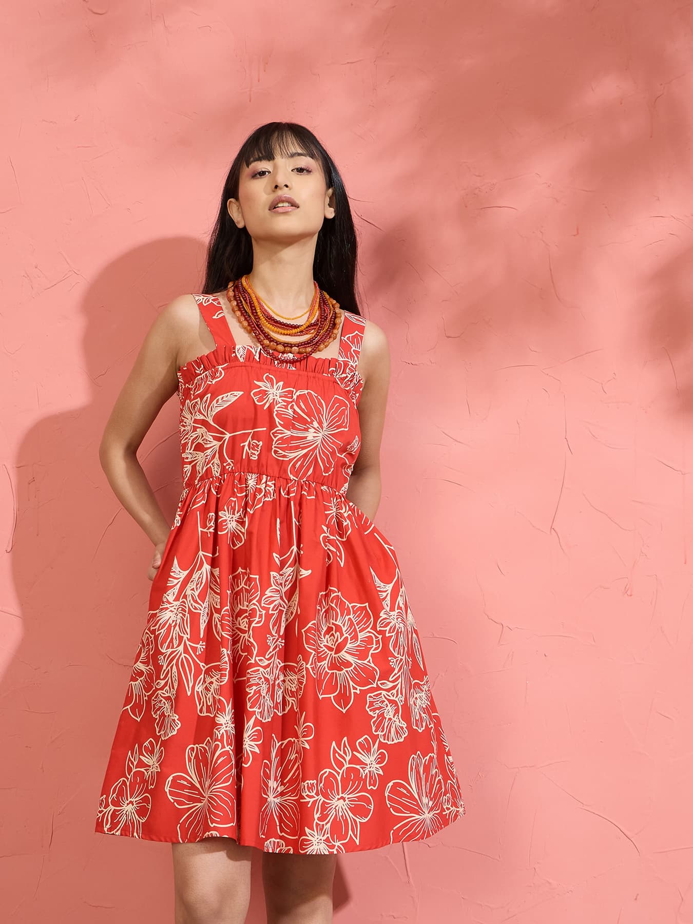 Women's Red Poplin Floral Ruffle Neck Smocked Skater Dress
