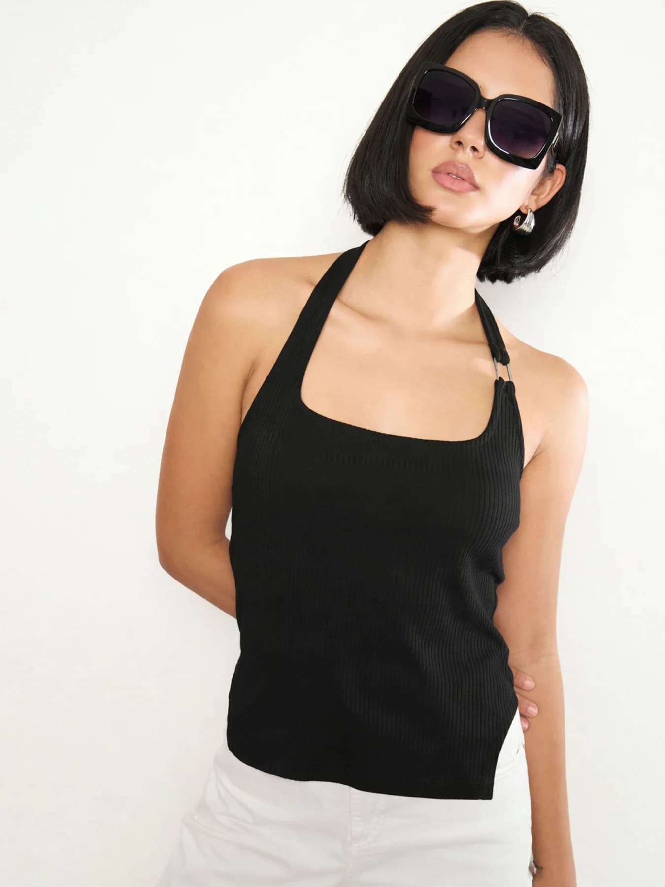 Women's Black Rib Halter Neck With Metal Buckle Top