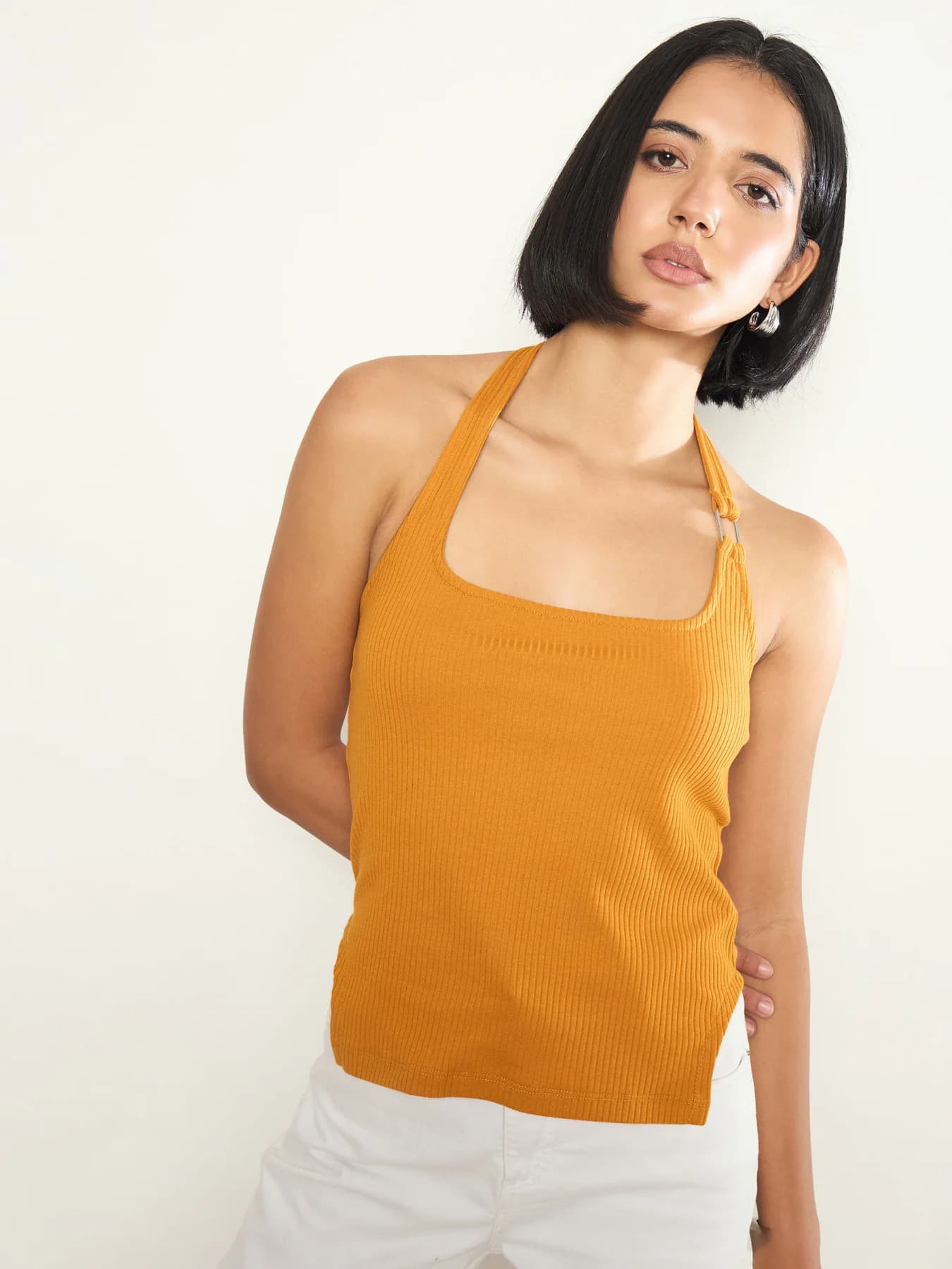 Women's Yellow Rib Halter Neck With Metal Buckle Top