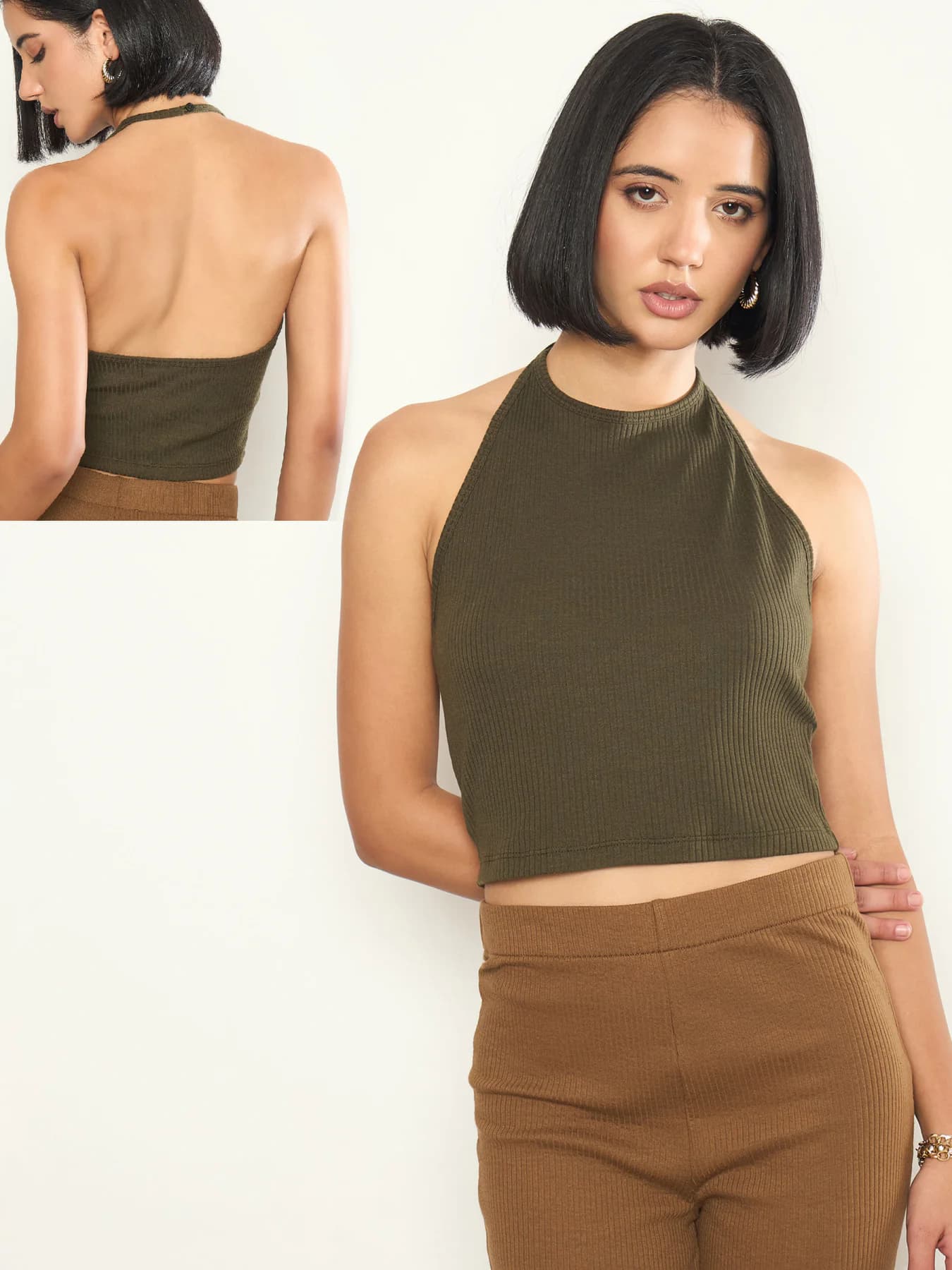 Women's Green Rib Halter Neck Crop Top