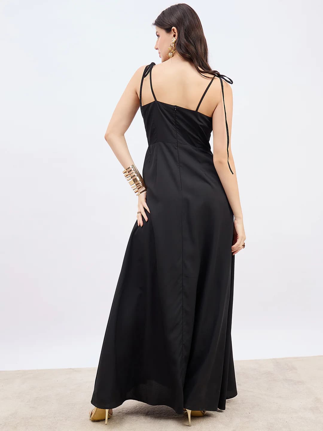 Women's Black Party Solid A-Line Shoulder Strap Dress