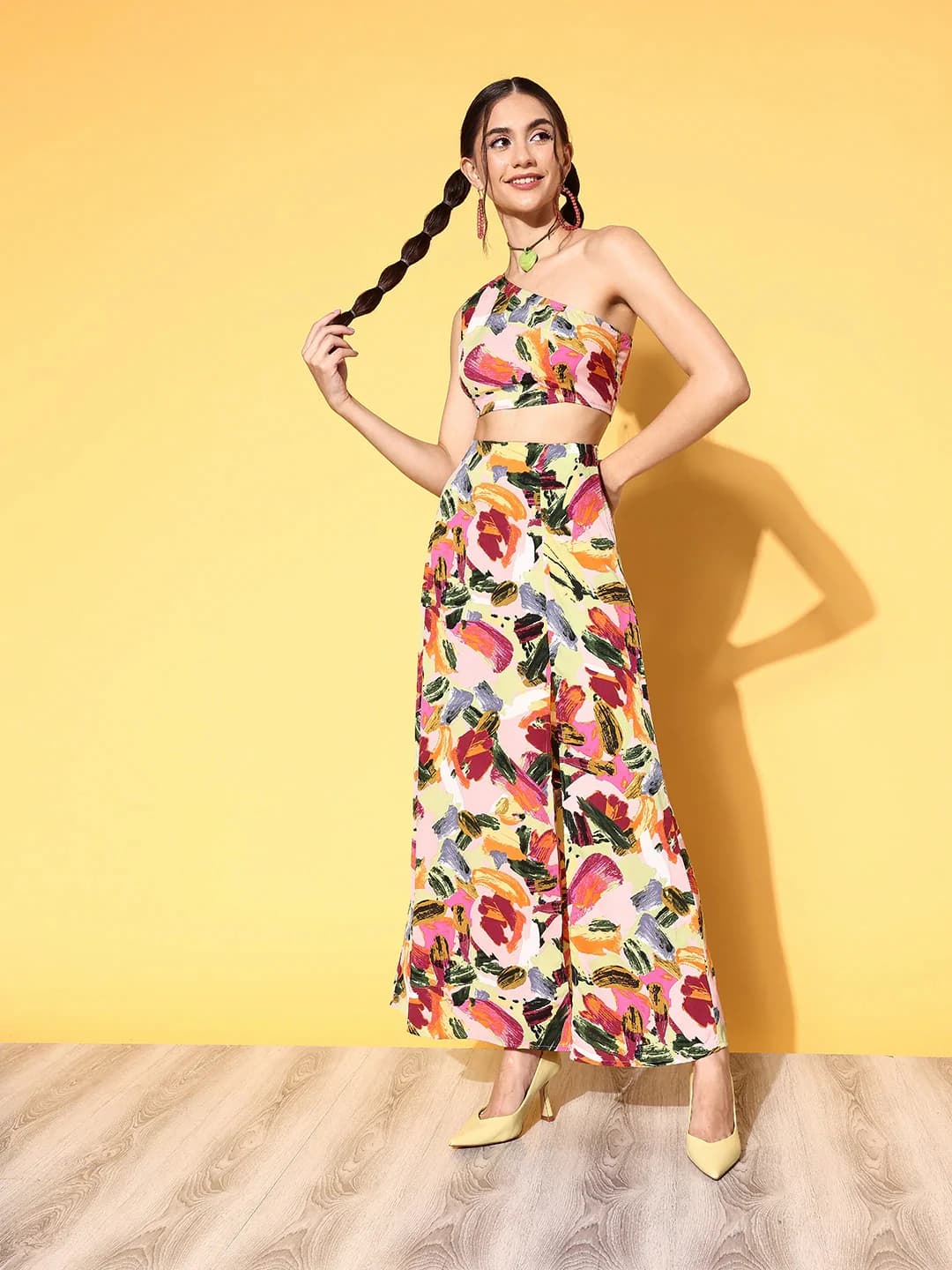 Women's Multicolor Casual Printed One Shoulder Sleeveless Co-ords Set