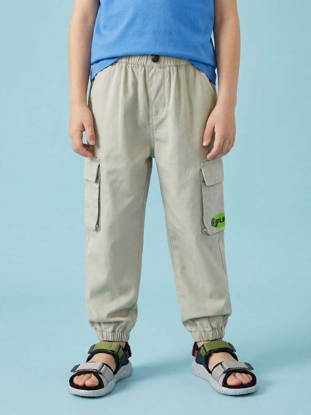 Boys Beige Cotton Woven Graphic Joggers