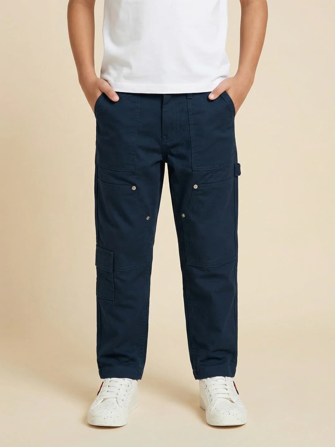 Boys Navy Cotton Solid Relaxed Fit Twill Woven Carpenter Cargo with Side Adjuster and Utility Pockets