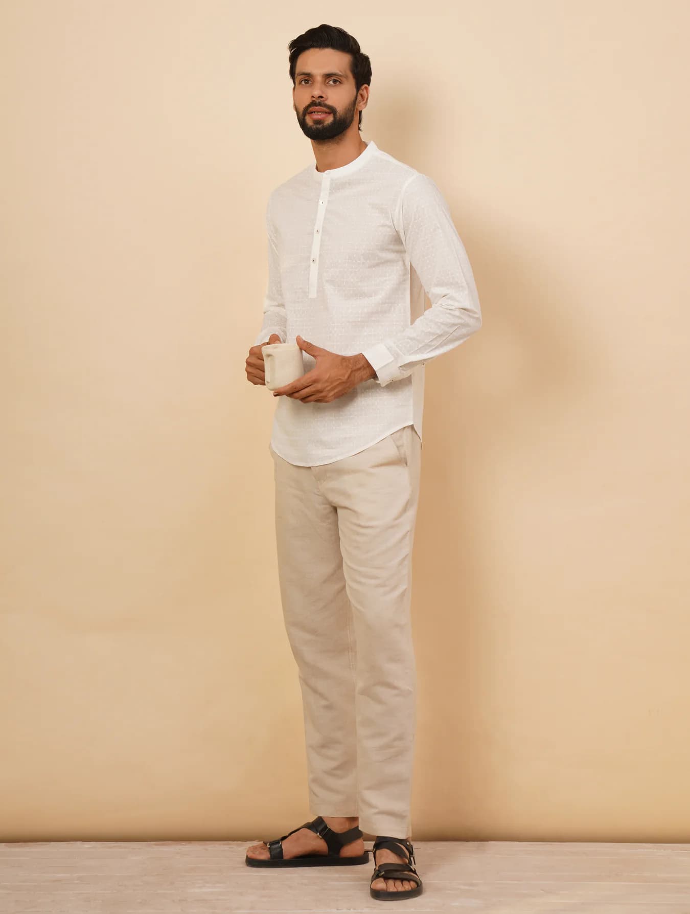 Men's White Casual Regular Fit Printed Full Sleeves Cotton Kurta