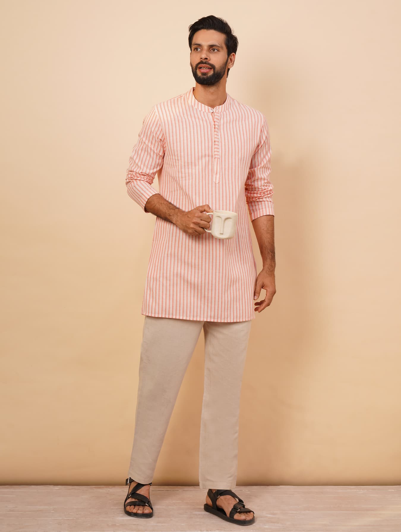 Men's Pink Casual Regular Fit Striped Full Sleeves Cotton Kurta