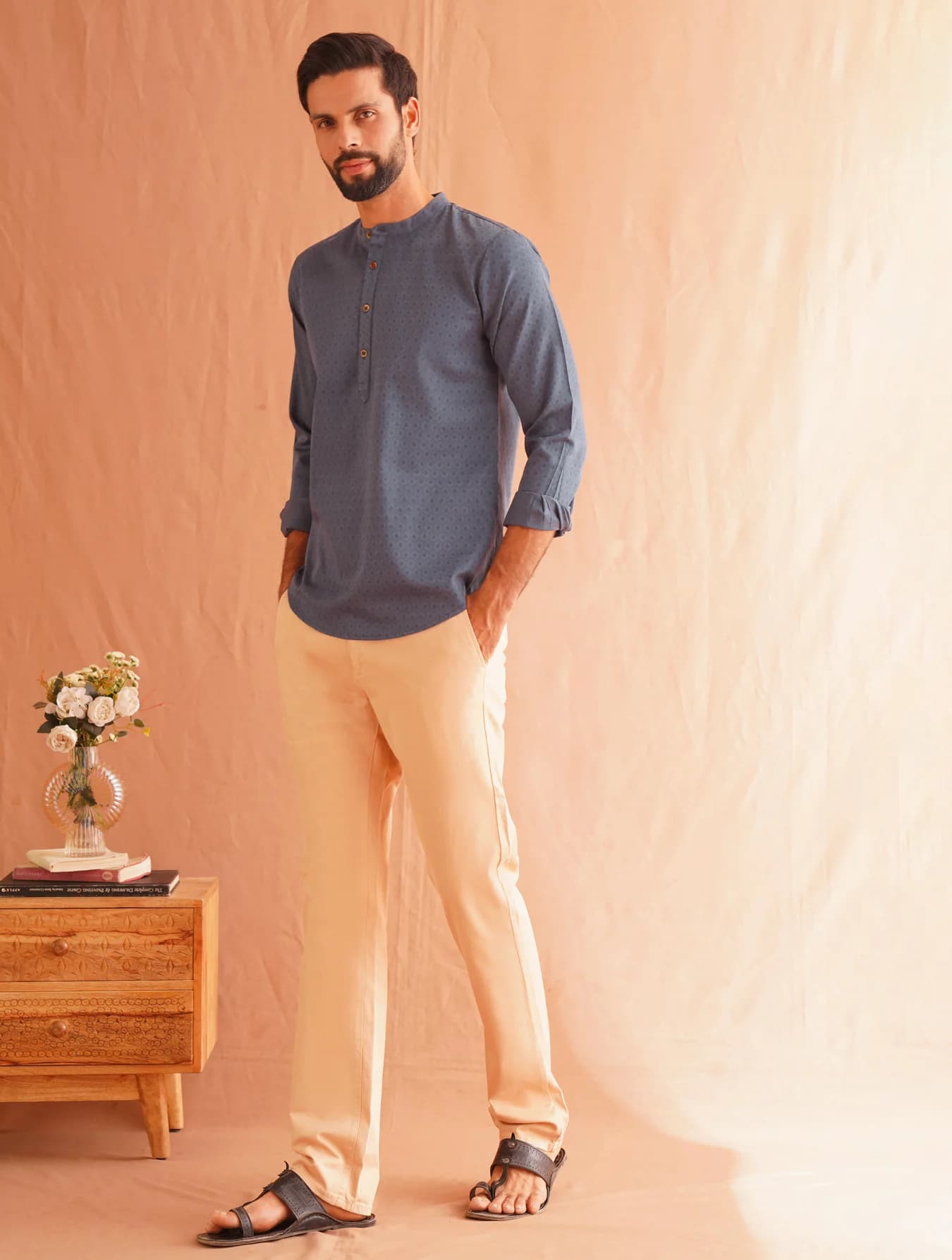 Men's Blue Casual Regular Fit Printed Full Sleeves Cotton Kurta
