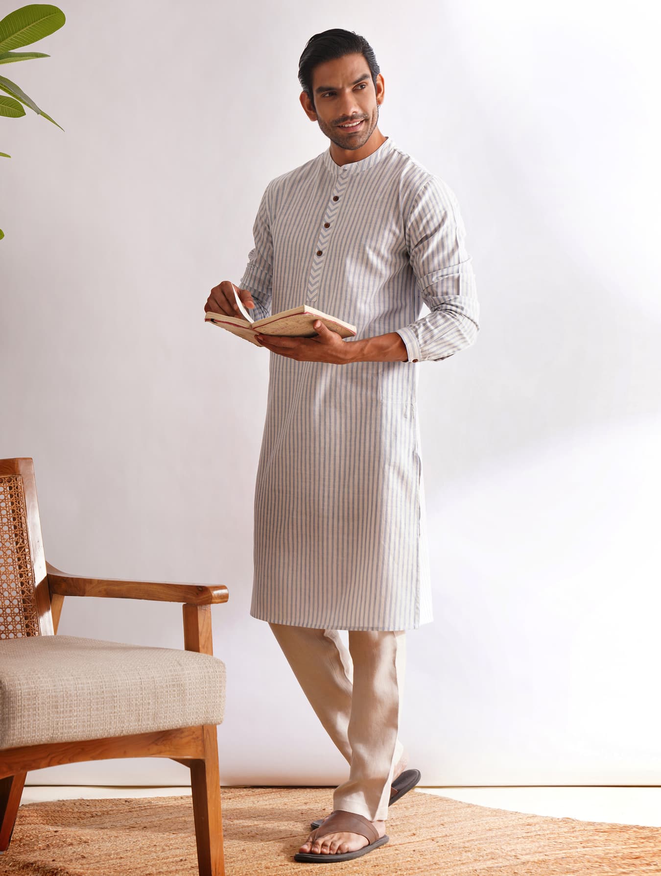 Men's Blue Casual Regular Fit Striped Full Sleeves Cotton Kurta