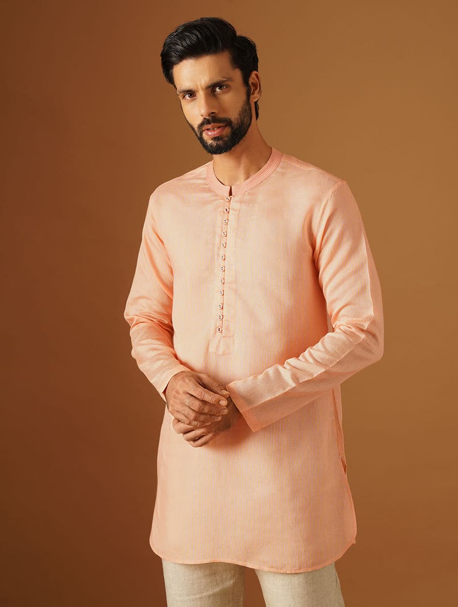 Men's Orange Casual Regular Fit Striped Full Sleeves Silk Kurta