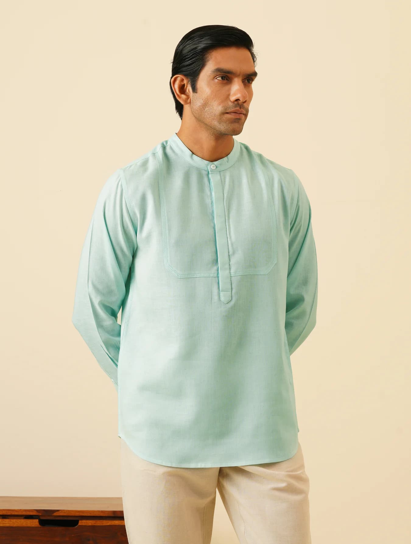 Men's Blue Casual Regular Fit Solid Full Sleeves Linen kurta