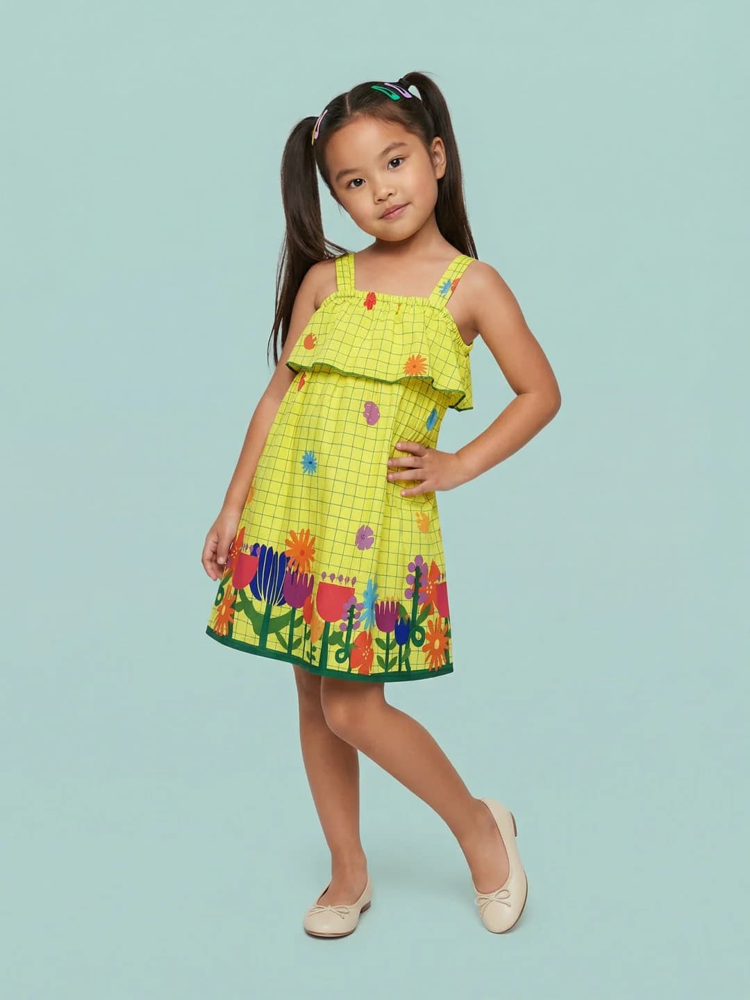 Girls Yellow Floral Hem Printed A-Line Dress
