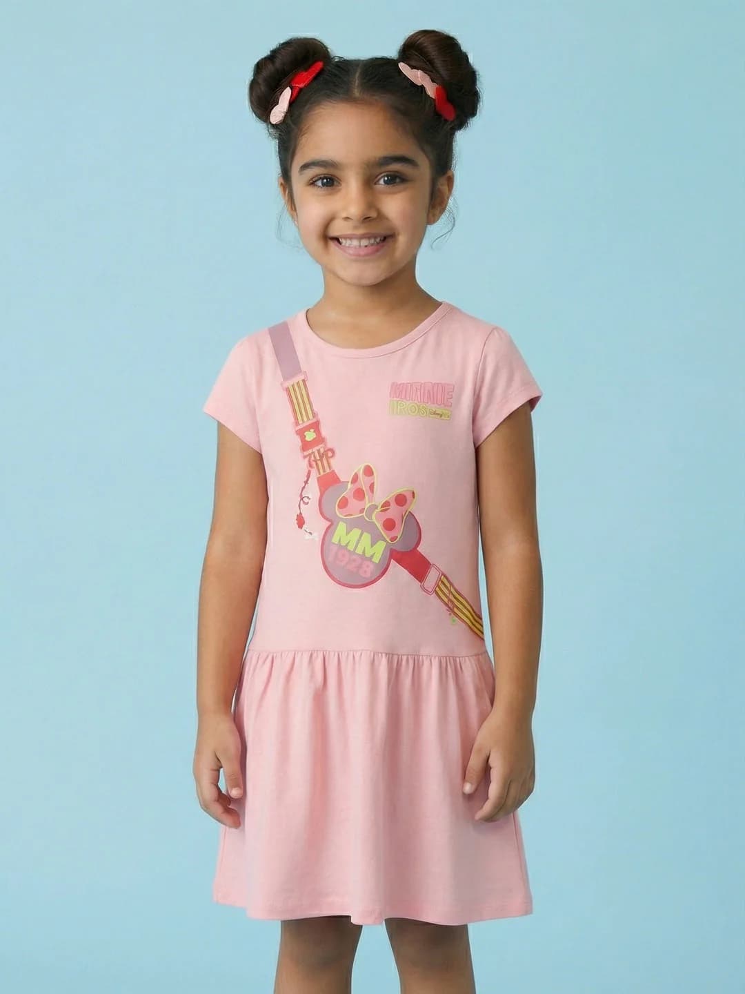 Girls Pink Cotton Disney Minnie Mouse Fanny Pack Graphic Print A-Line Drop-Waist Dress