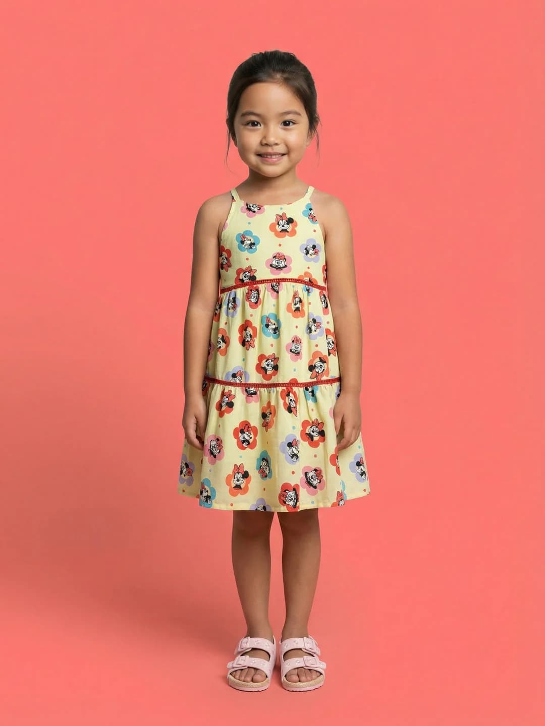 Girls Green Cotton All-Over Disney Minnie Mouse Floral Printed A-Line Tiered Dress with Ladder Lace Design