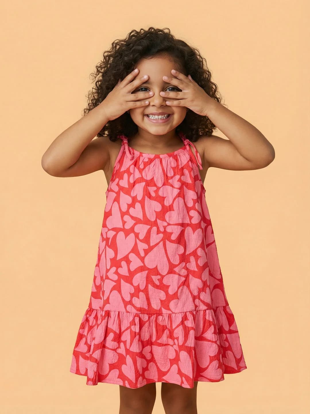 Girls Red Valentine's Day Theme All-Over Heart Print A-Line Strappy Drop Waist Dress
