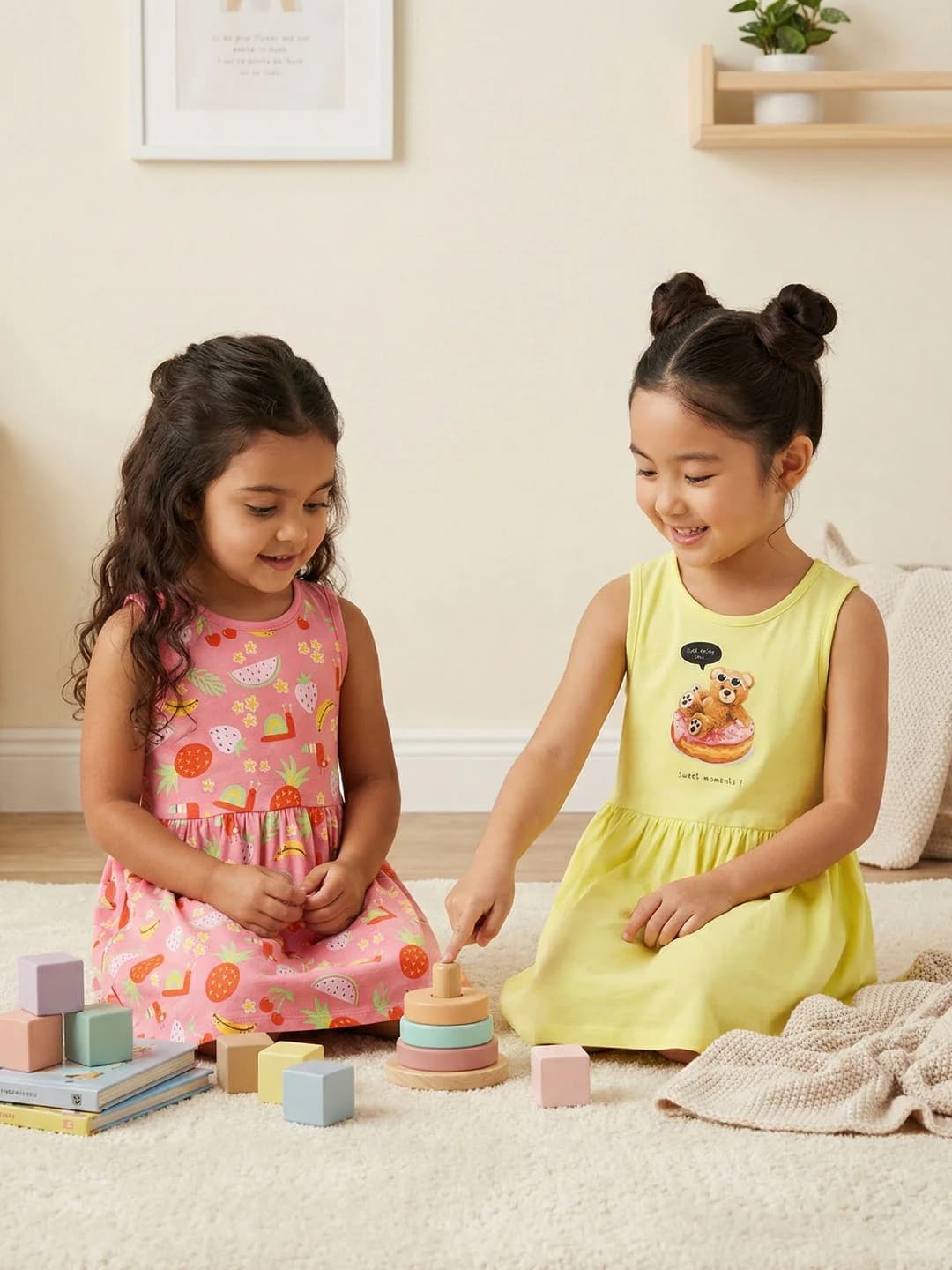 Girls Multicolor Fit and Flare with Tropical-Theme Teddy Graphic and Fruit All-over Print Dress - Pack of 2