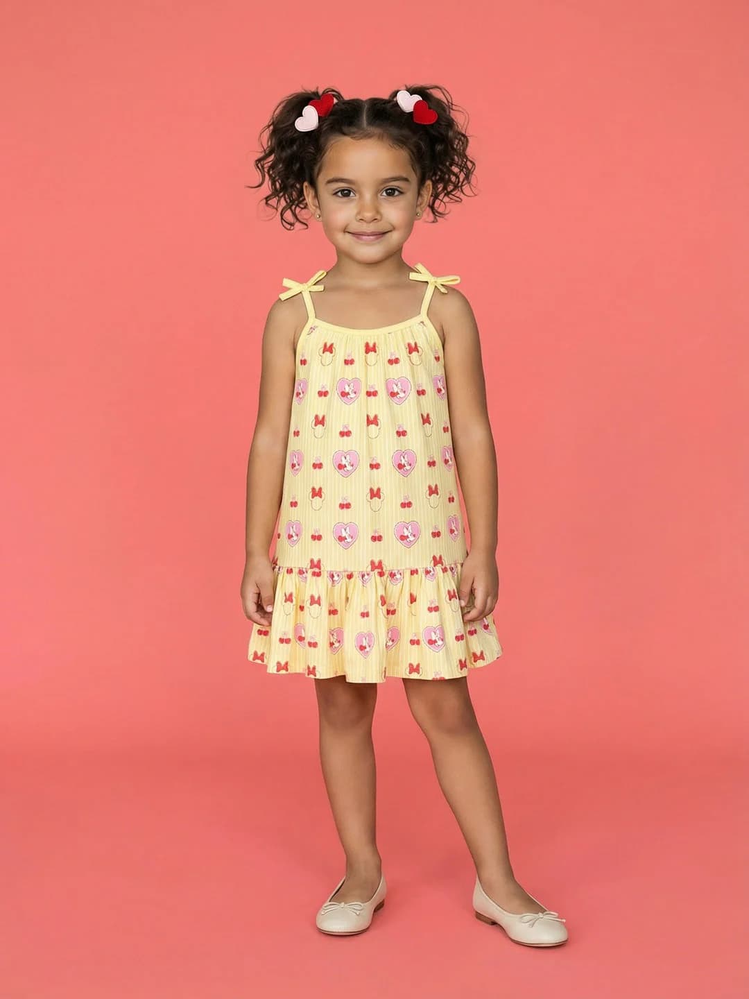 Girls Yellow All-over Minnie Mouse Printed Regular Fit Tie-Up Style Sleeveless Dress