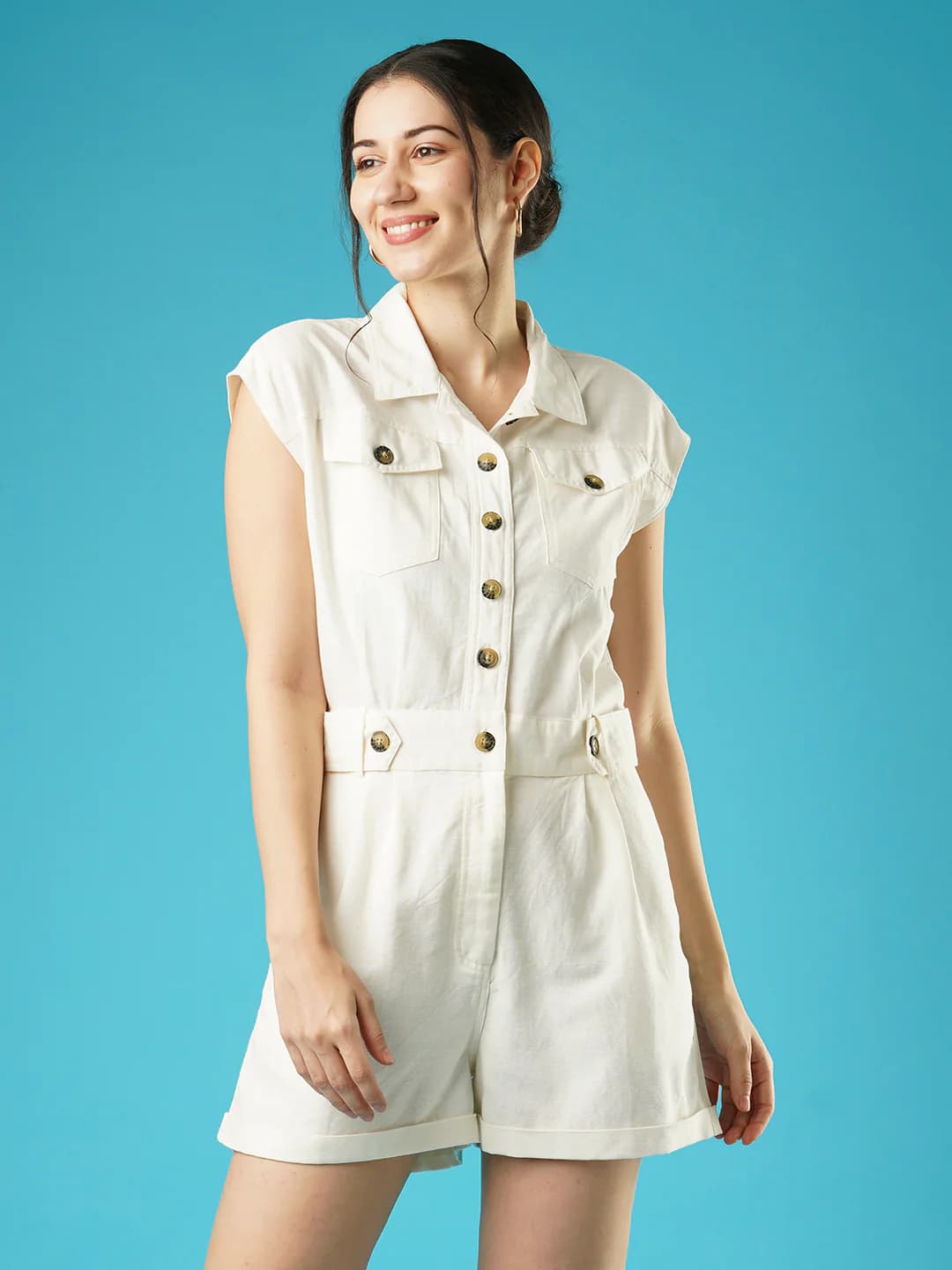 Women's White Casual Solid Spread Collar Jumpsuit