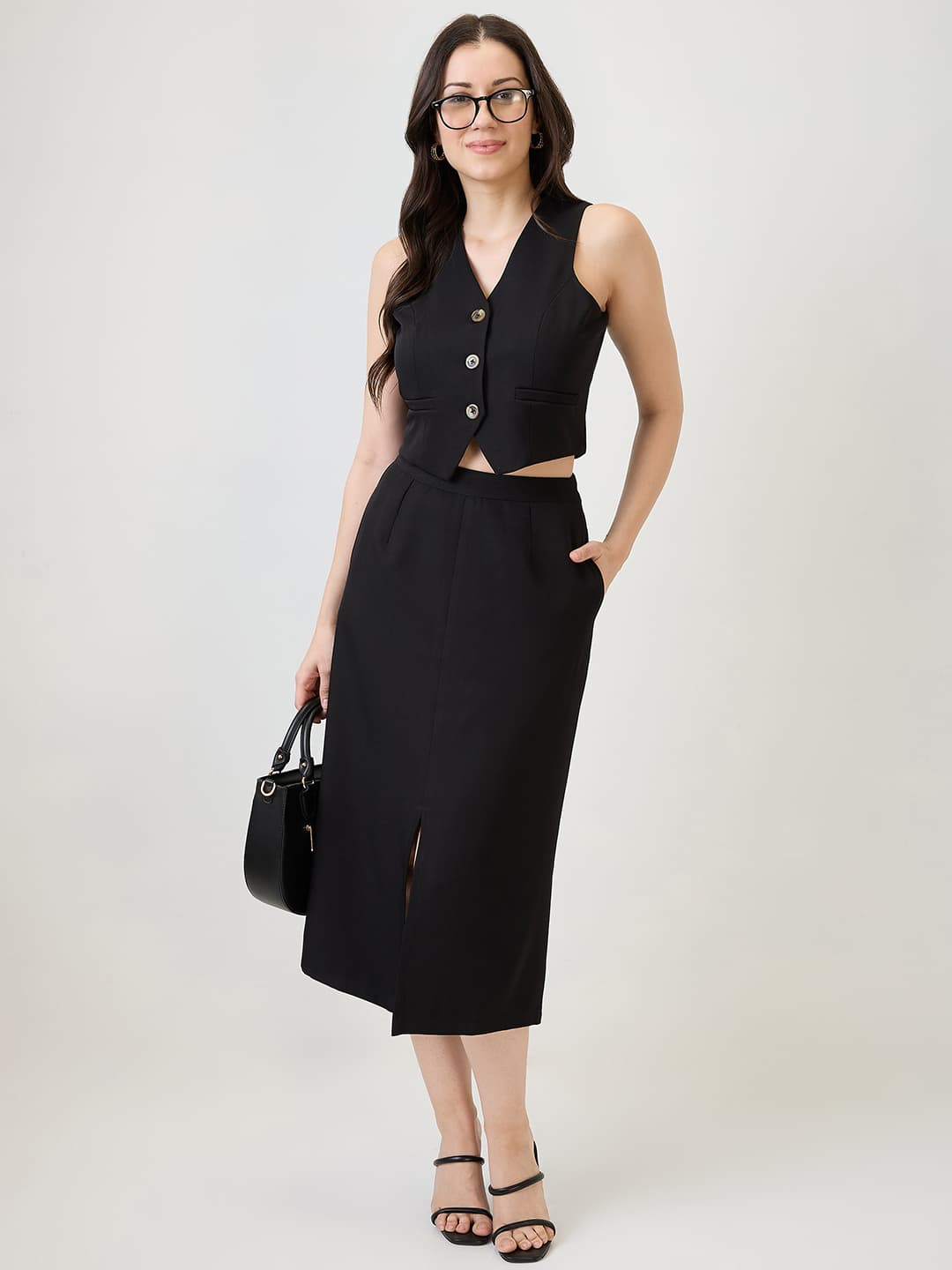 Women's Black Formal Solid V-Neck Sleeveless Crop Coat and High Rise Skirt