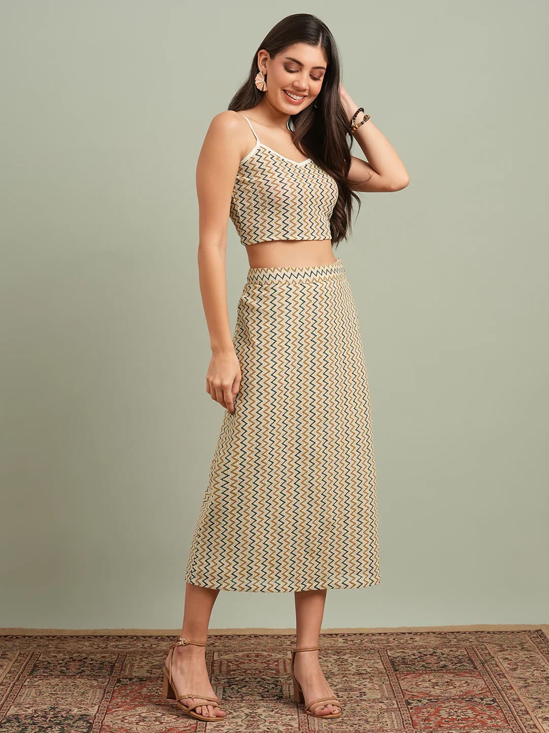 Women's Multicolor Casual Self-Design V-Neck Sleeveless Crop Top and Mid Rise Skirt