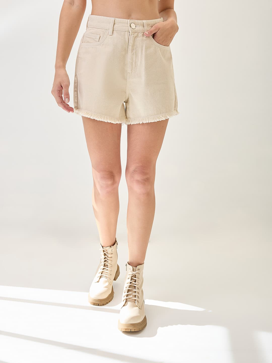 Women's Beige Casual Solid Slim Fit Mid Rise Mini Shorts