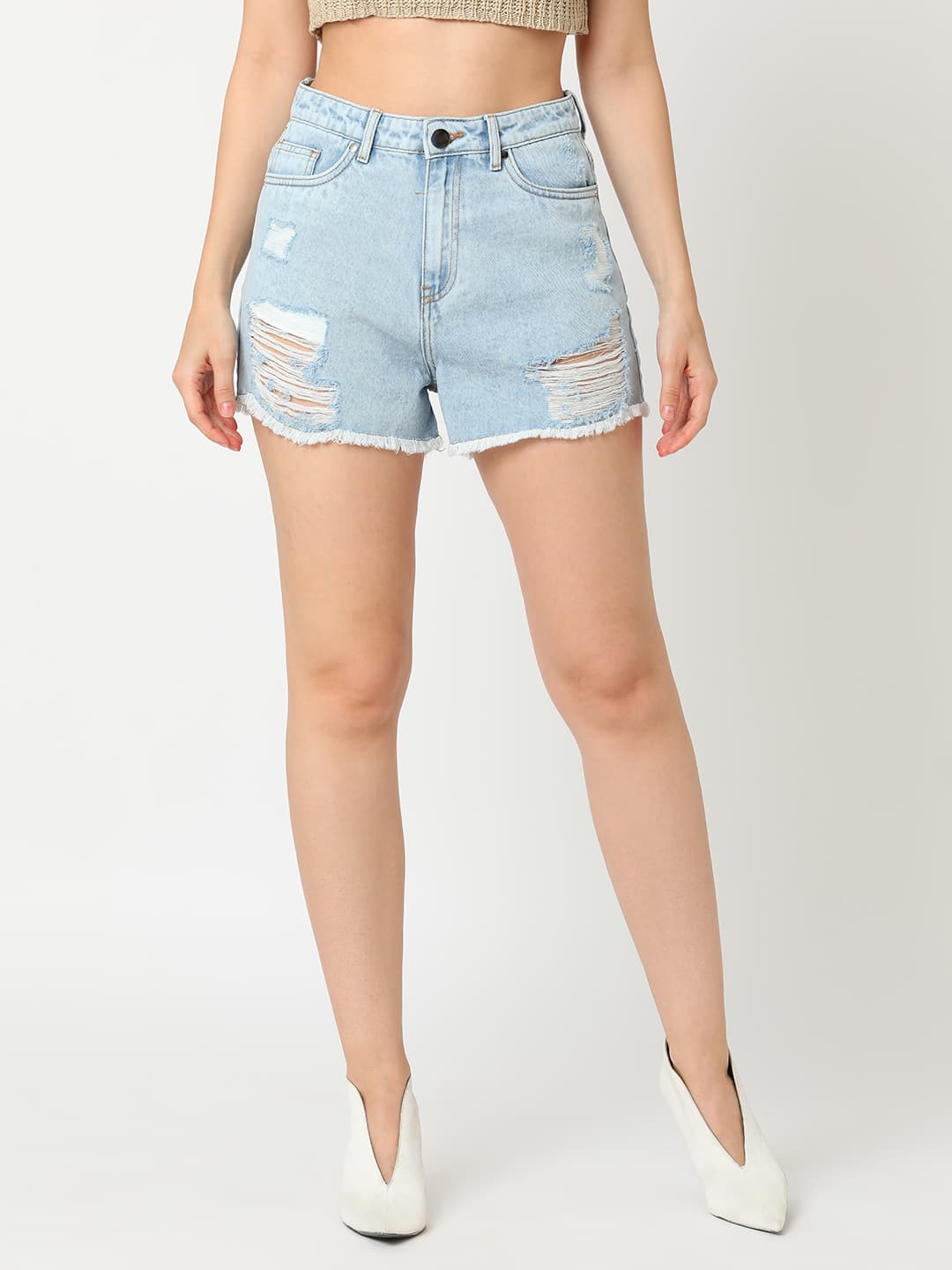 Women's Blue Casual Solid Regular Fit Mid Rise Mini Shorts